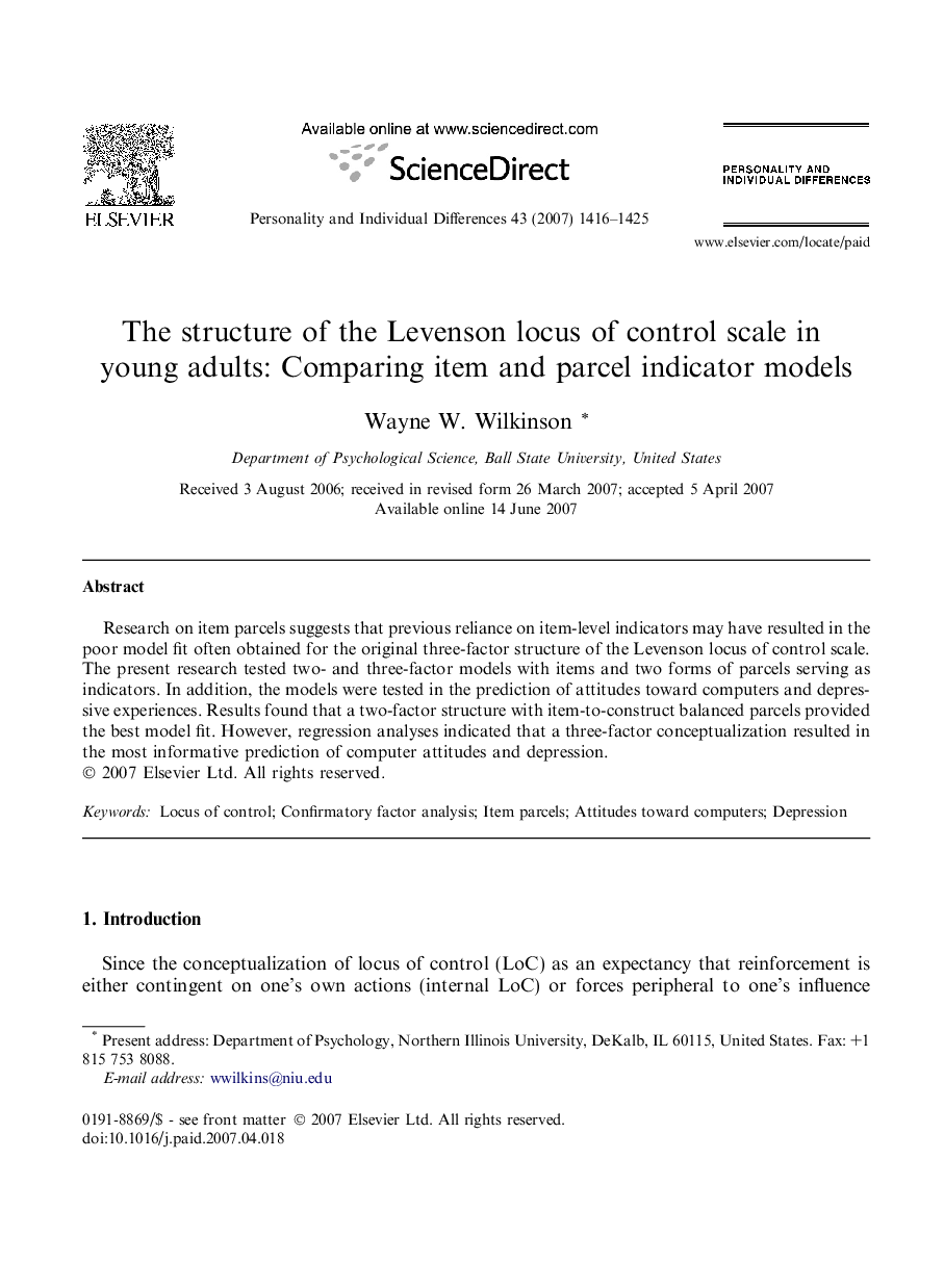 The structure of the Levenson locus of control scale in young adults: Comparing item and parcel indicator models