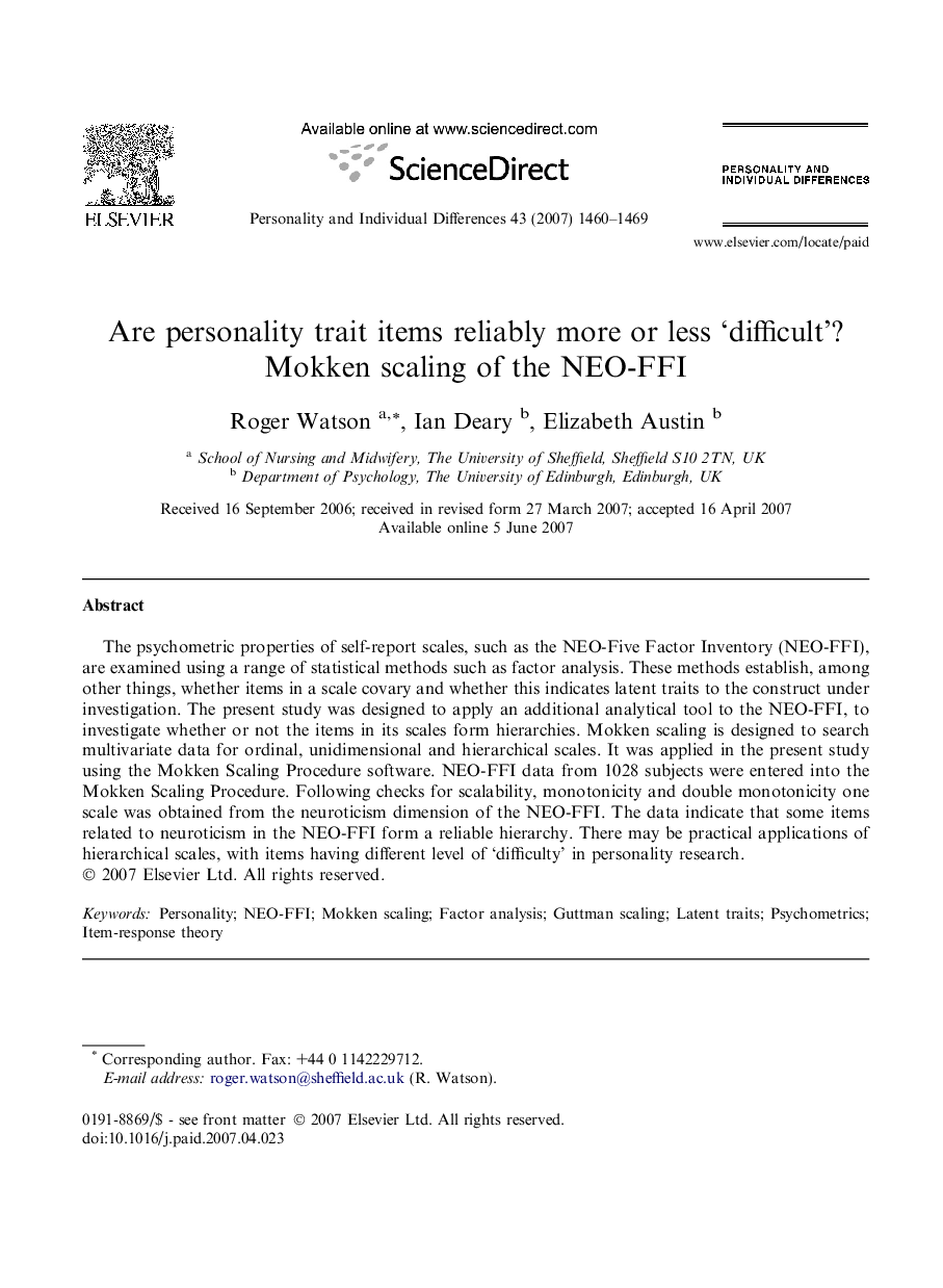Are personality trait items reliably more or less ‘difficult’? Mokken scaling of the NEO-FFI