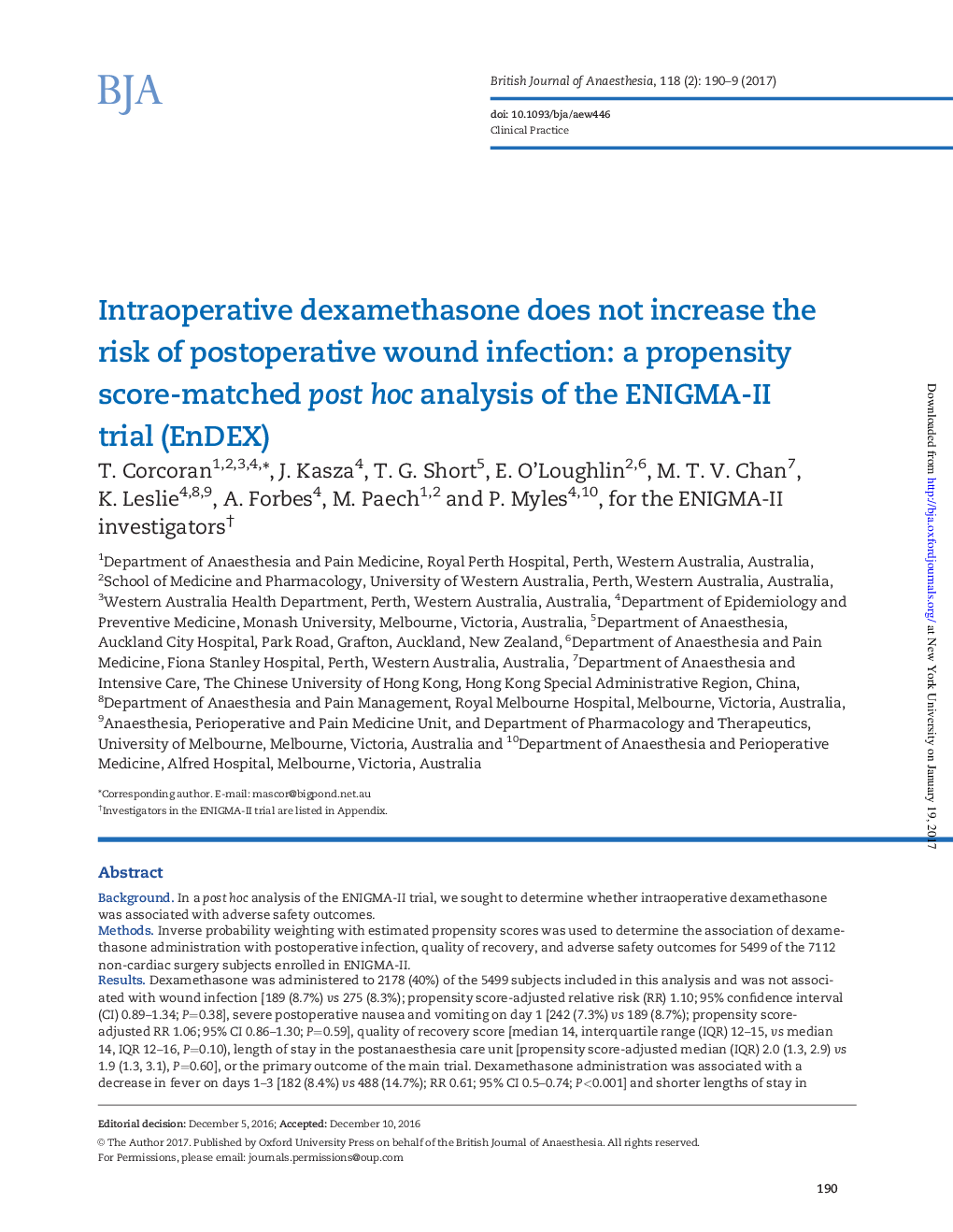 Intraoperative dexamethasone does not increase the risk of postoperative wound infection: a propensity score-matched post hoc analysis of the ENIGMA-II trial (EnDEX)