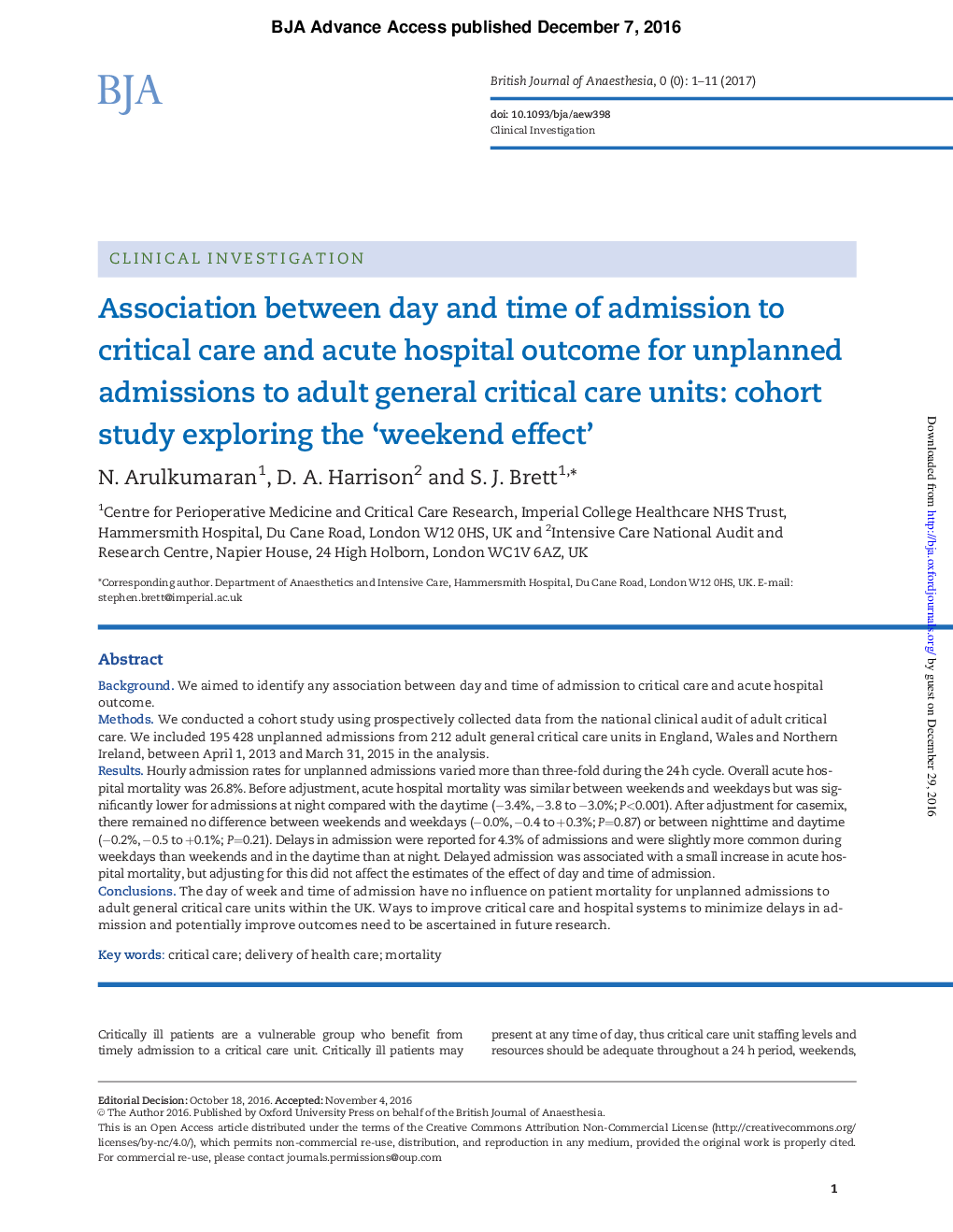 Association between day and time of admission to critical care and acute hospital outcome for unplanned admissions to adult general critical care units: cohort study exploring the 'weekend effect'