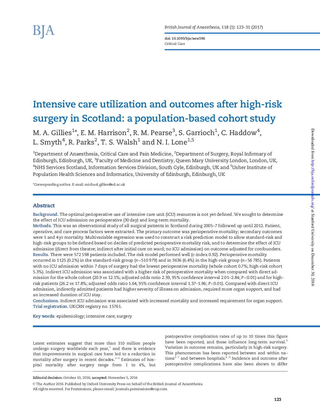 Intensive care utilization and outcomes after high-risk surgery in Scotland: a population-based cohort study