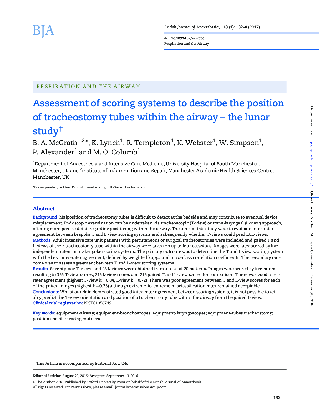 عکس صفحه اول مقاله: Assessment of scoring systems to describe the position of tracheostomy tubes within the airway - the lunar studyâ Assessment of scoring systems to describe the position of tracheostomy tubes within the airway - the lunar studyâ