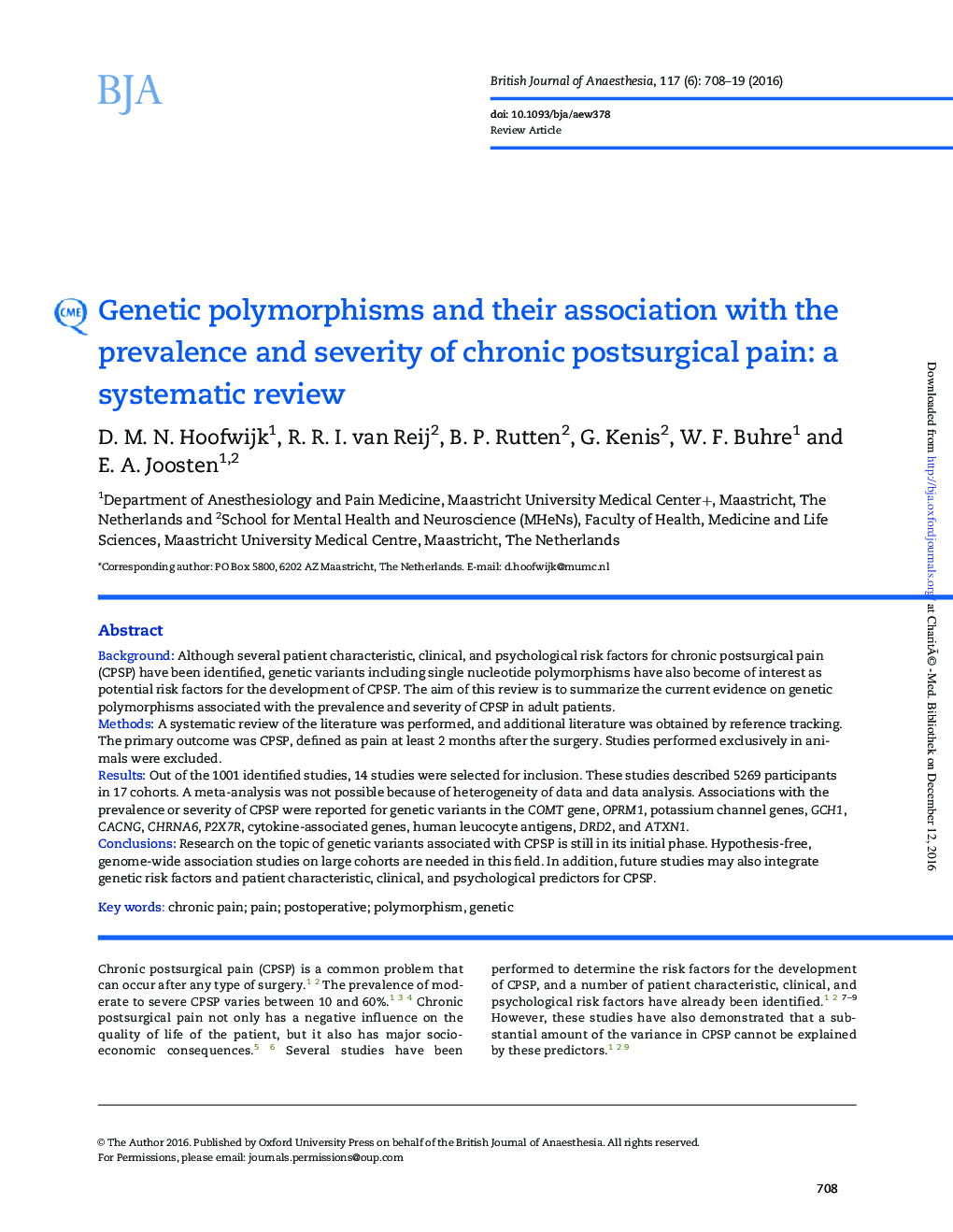 Genetic polymorphisms and their association with the prevalence and severity of chronic postsurgical pain: a systematic review