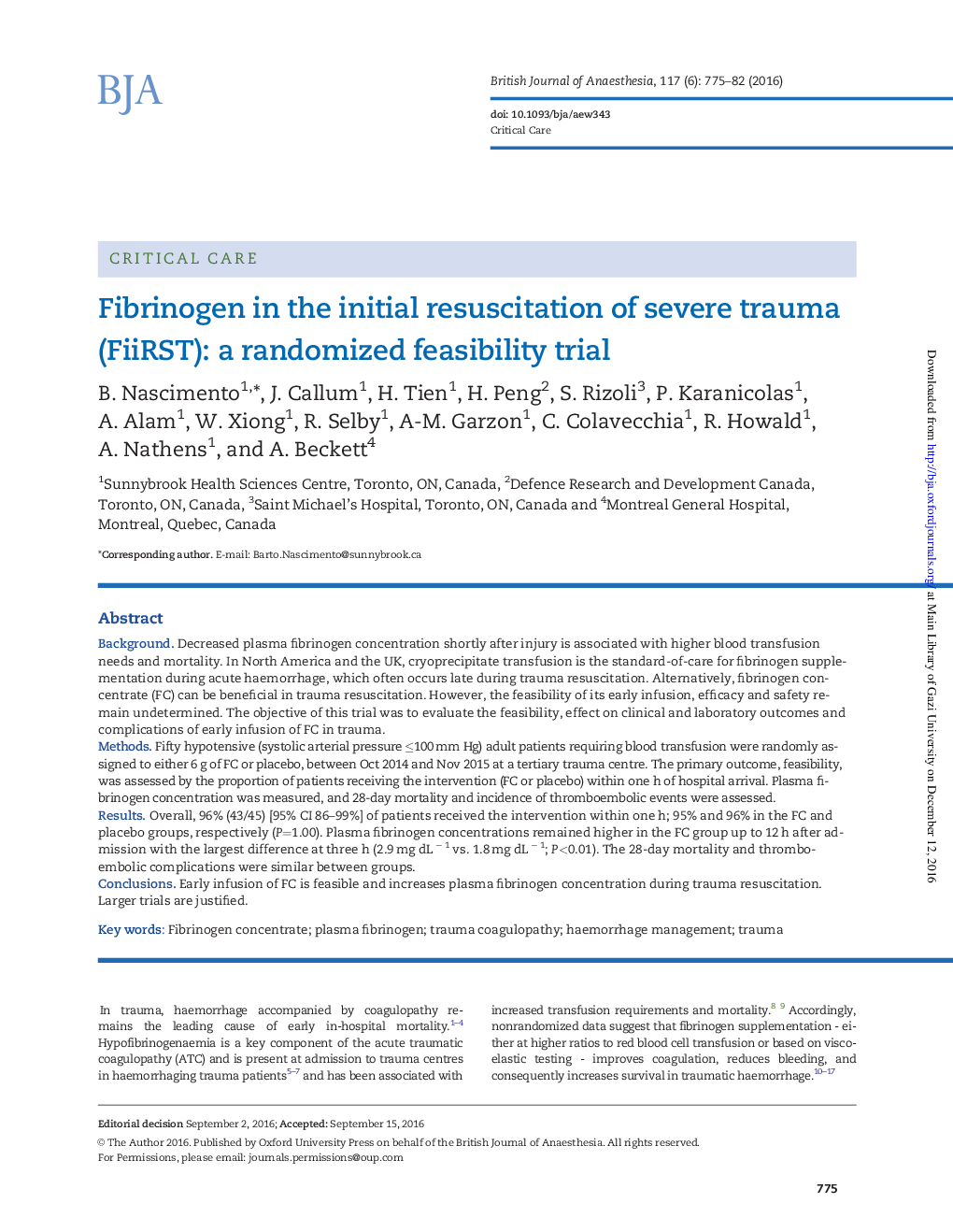 Fibrinogen in the initial resuscitation of severe trauma (FiiRST): a randomized feasibility trial