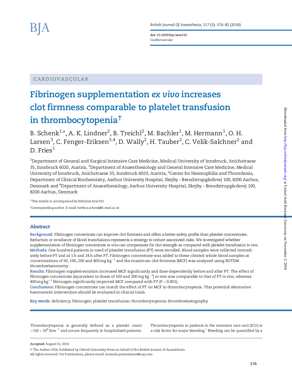 Fibrinogen supplementation ex vivo increasesclot firmness comparable to platelet transfusion in thrombocytopeniaâ 