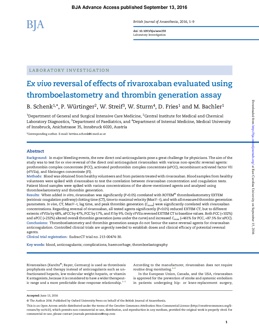 Ex vivo reversal of effects of rivaroxaban evaluated using thromboelastometry and thrombin generation assay