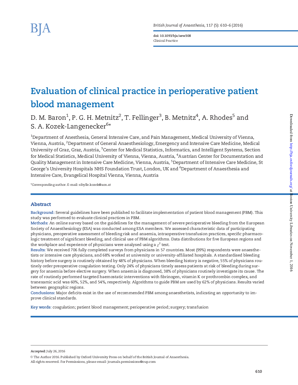 Evaluation of clinical practice in perioperative patient blood management