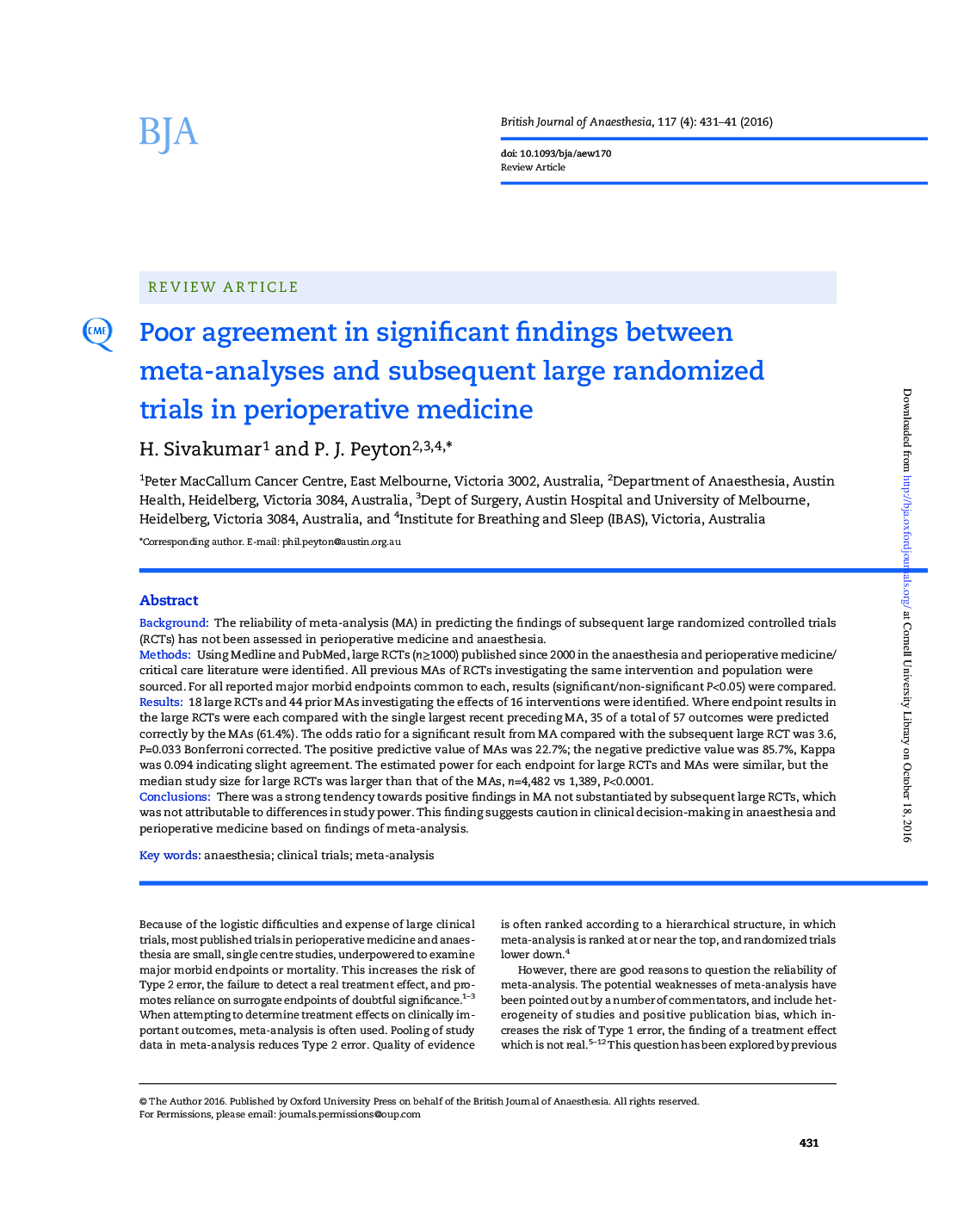 Poor agreement in significant findings between meta-analyses and subsequent large randomized trials in perioperative medicine