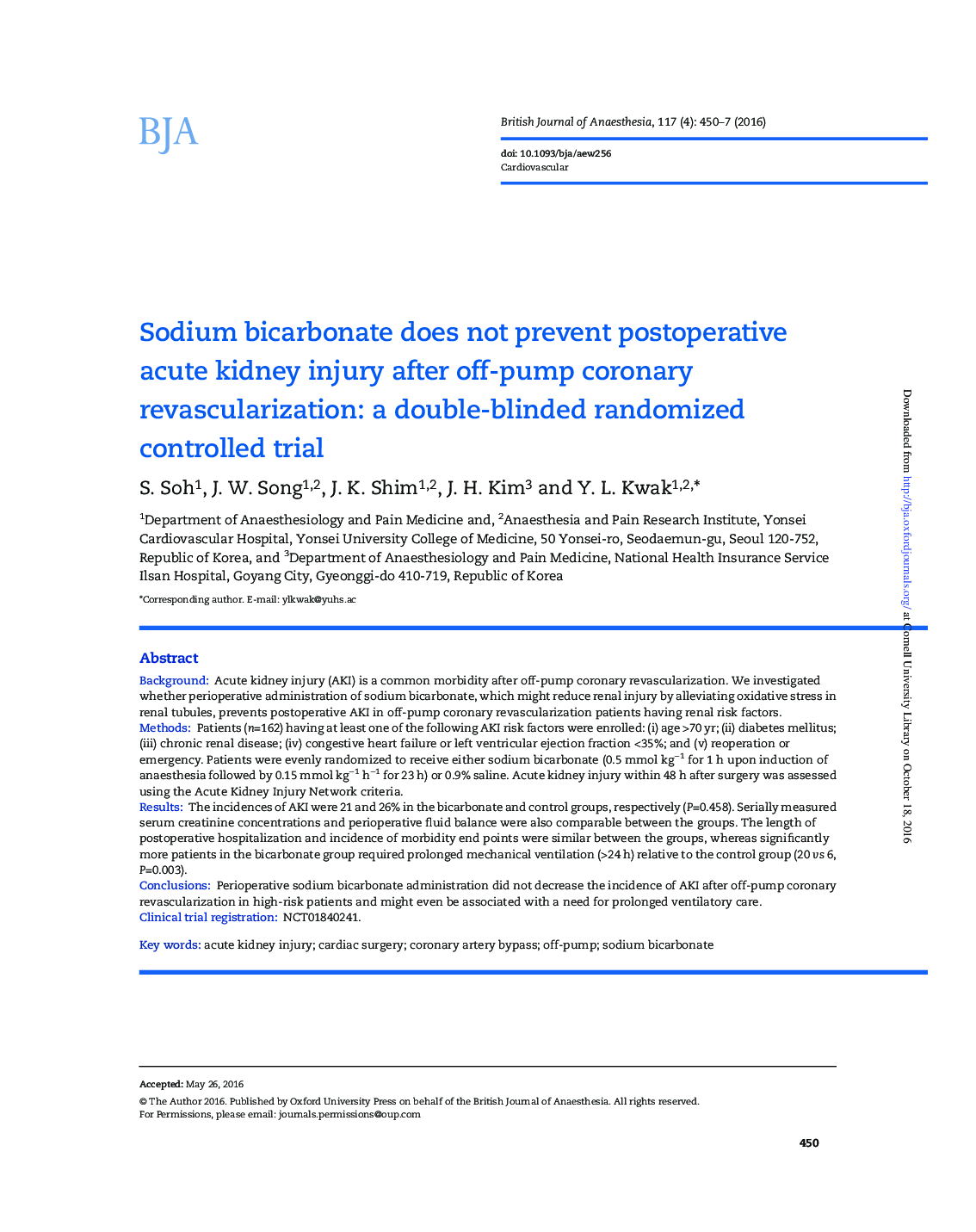 Sodium bicarbonate does not prevent postoperative acute kidney injury after off-pump coronary revascularization: a double-blinded randomized controlled trial