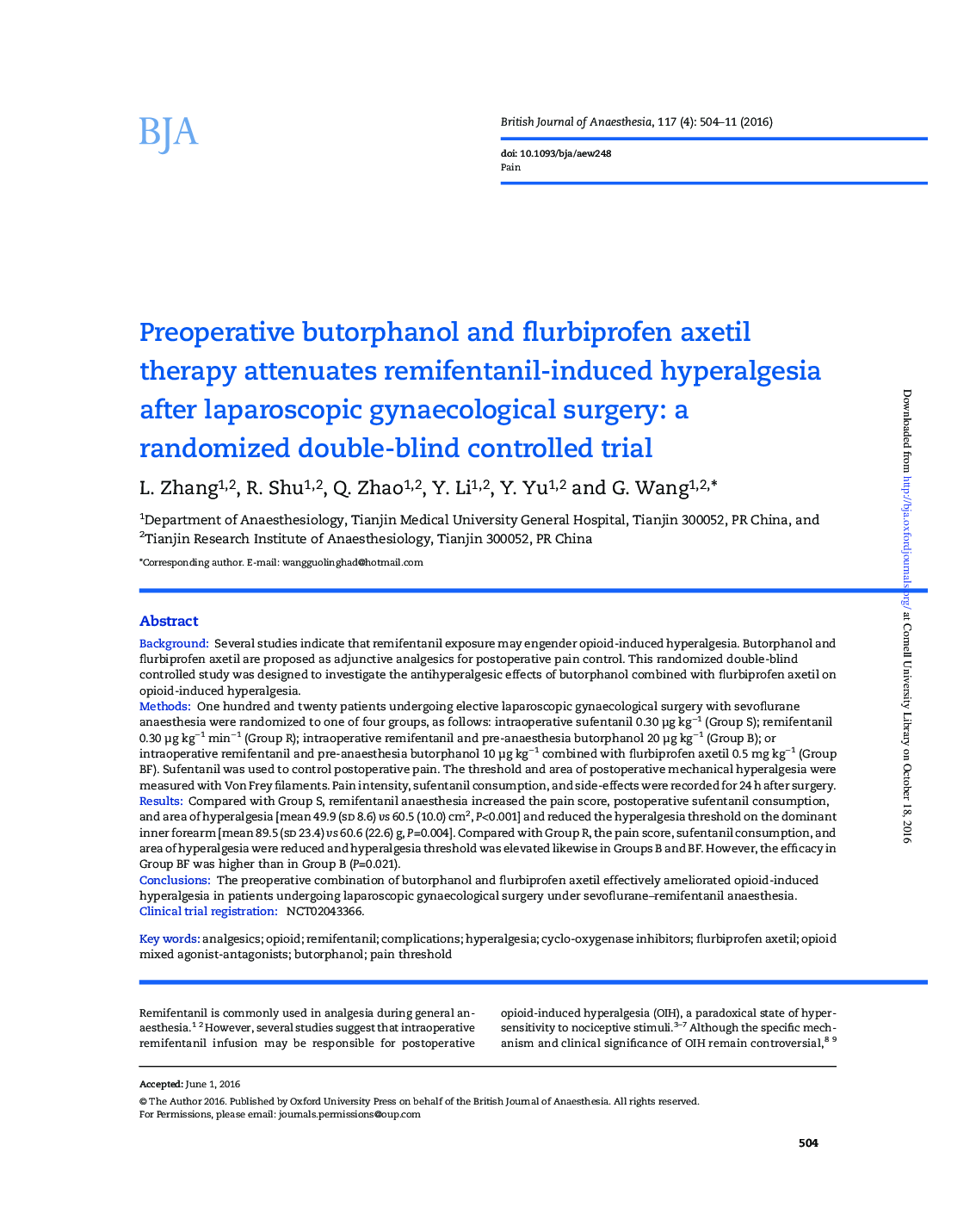 Preoperative butorphanol and flurbiprofen axetil therapy attenuates remifentanil-induced hyperalgesia after laparoscopic gynaecological surgery: a randomized double-blind controlled trial