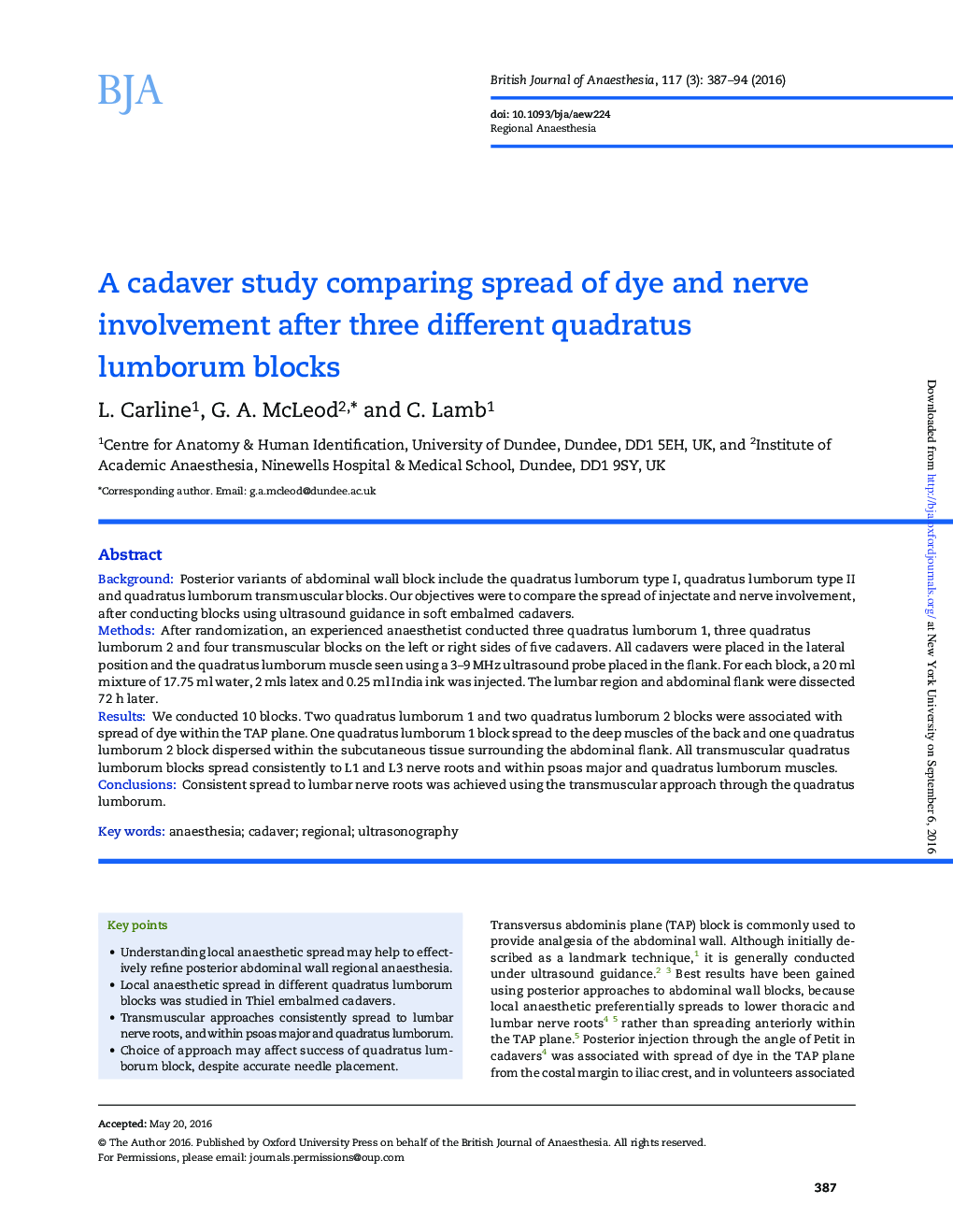 یک مطالعه کاداور در مقایسه با گسترش سهمیه رنگ و عصب پس از سه بلوک لومبومور کوادراتوس متفاوت است 