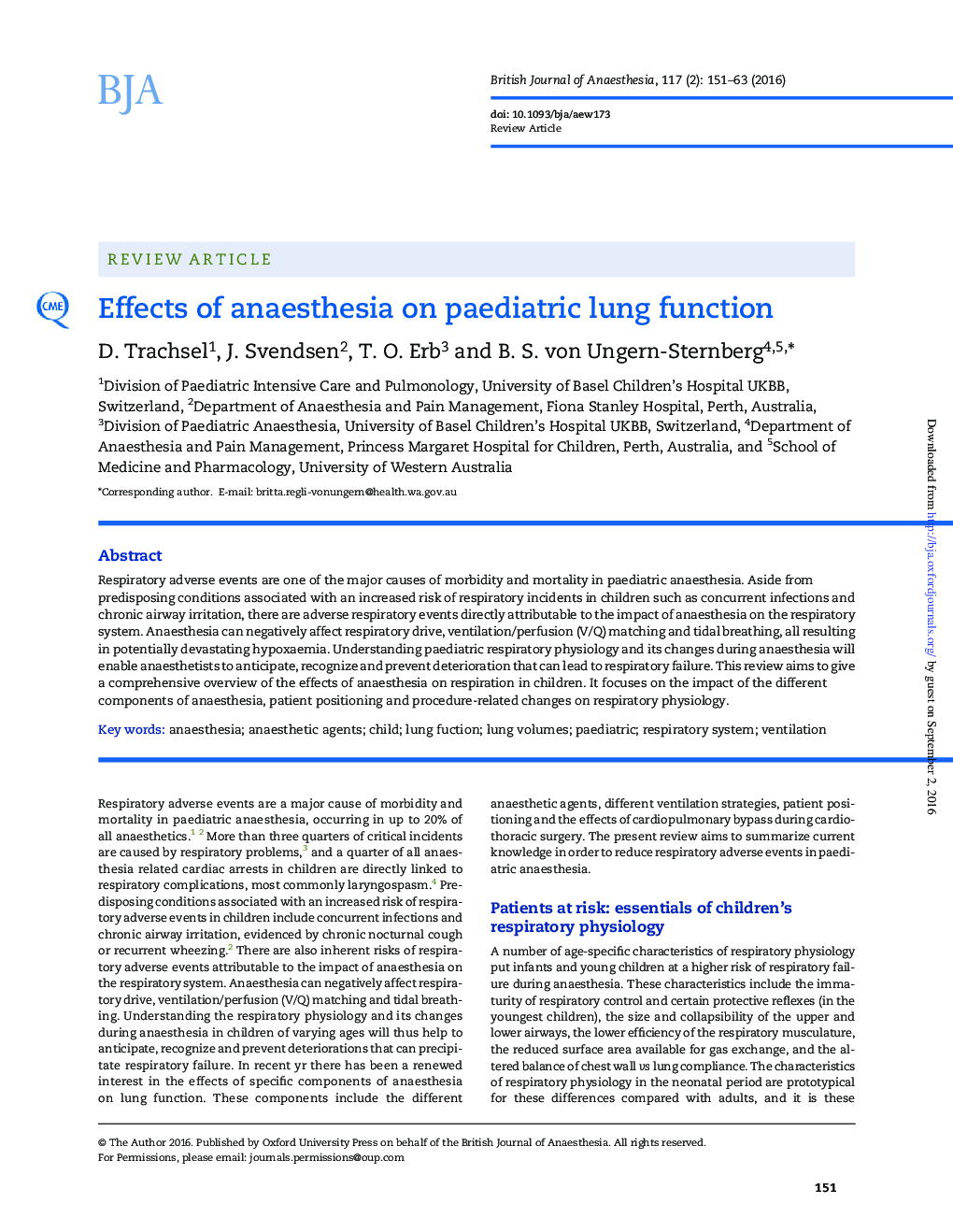 Effects of anaesthesia on paediatric lung function