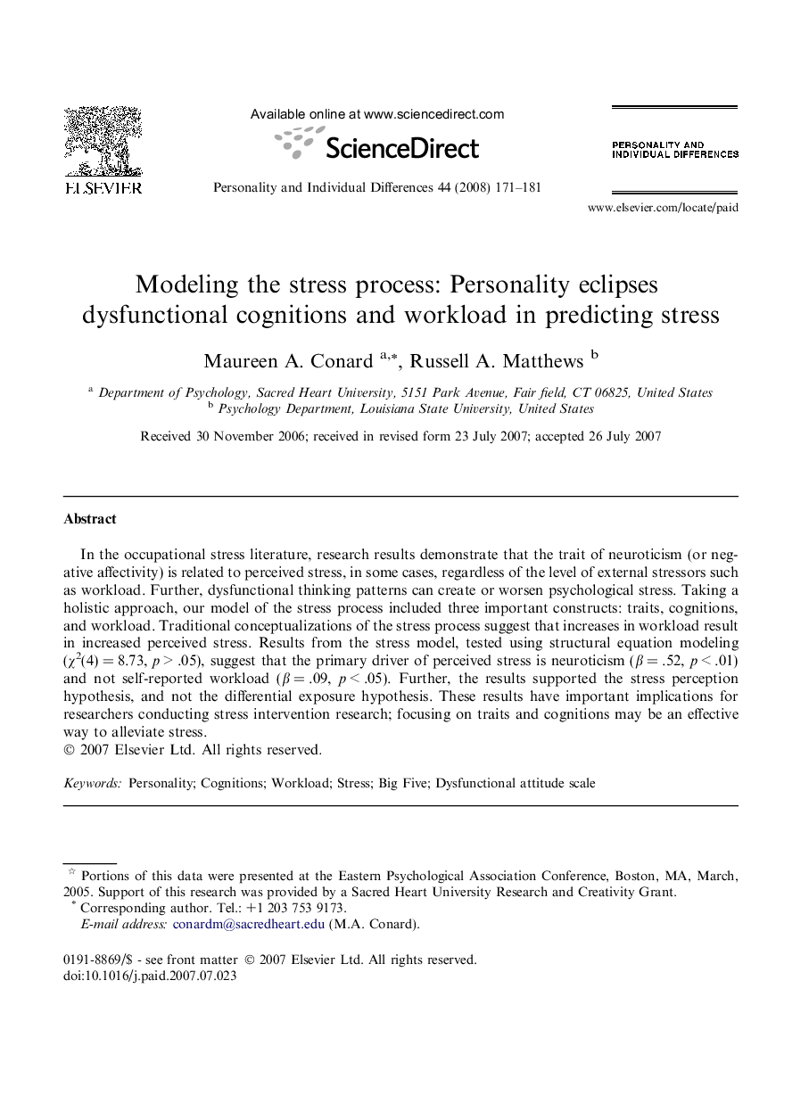 Modeling the stress process: Personality eclipses dysfunctional cognitions and workload in predicting stress 