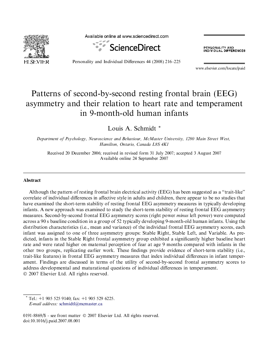 Patterns of second-by-second resting frontal brain (EEG) asymmetry and their relation to heart rate and temperament in 9-month-old human infants