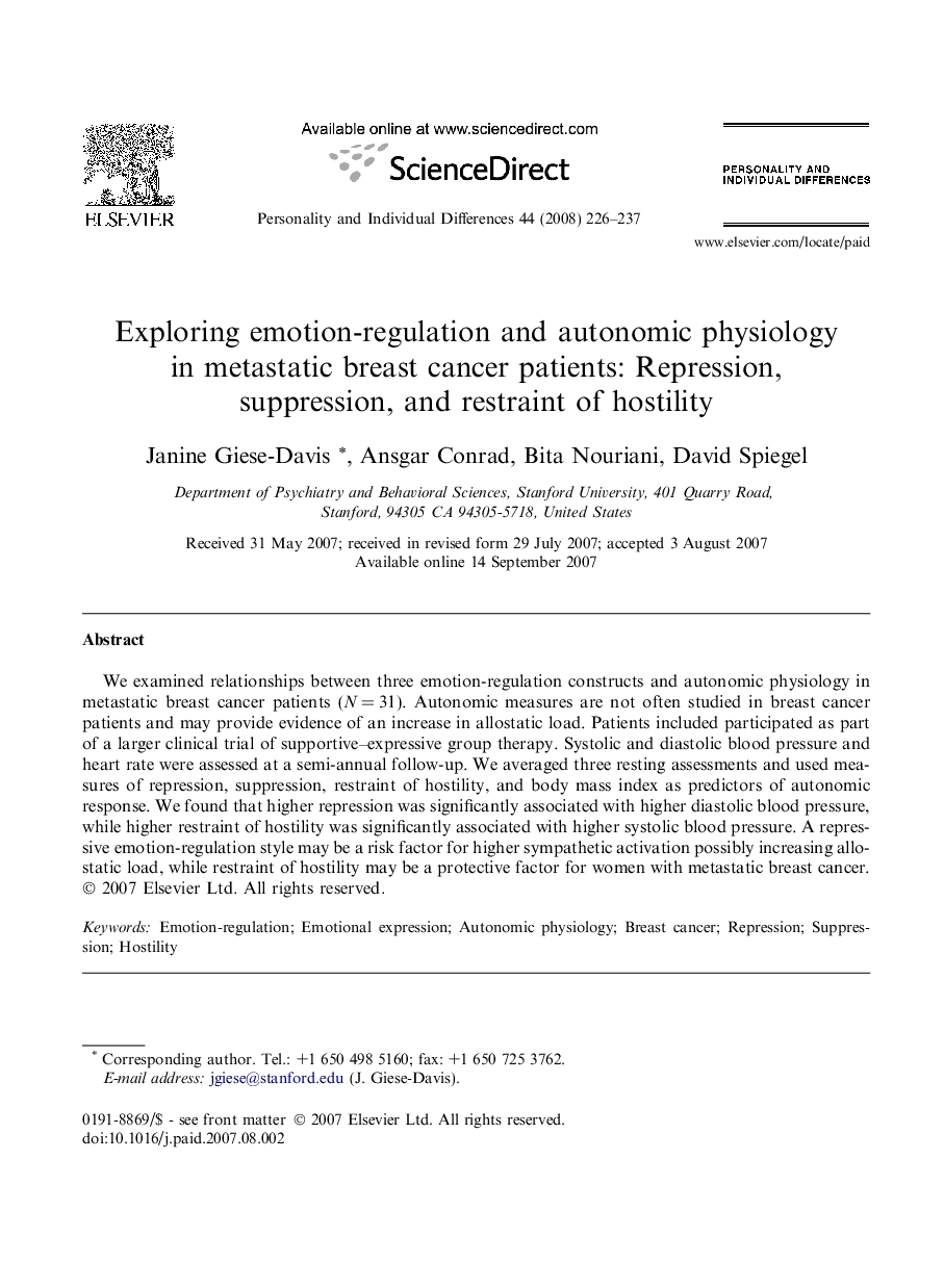 Exploring emotion-regulation and autonomic physiology in metastatic breast cancer patients: Repression, suppression, and restraint of hostility