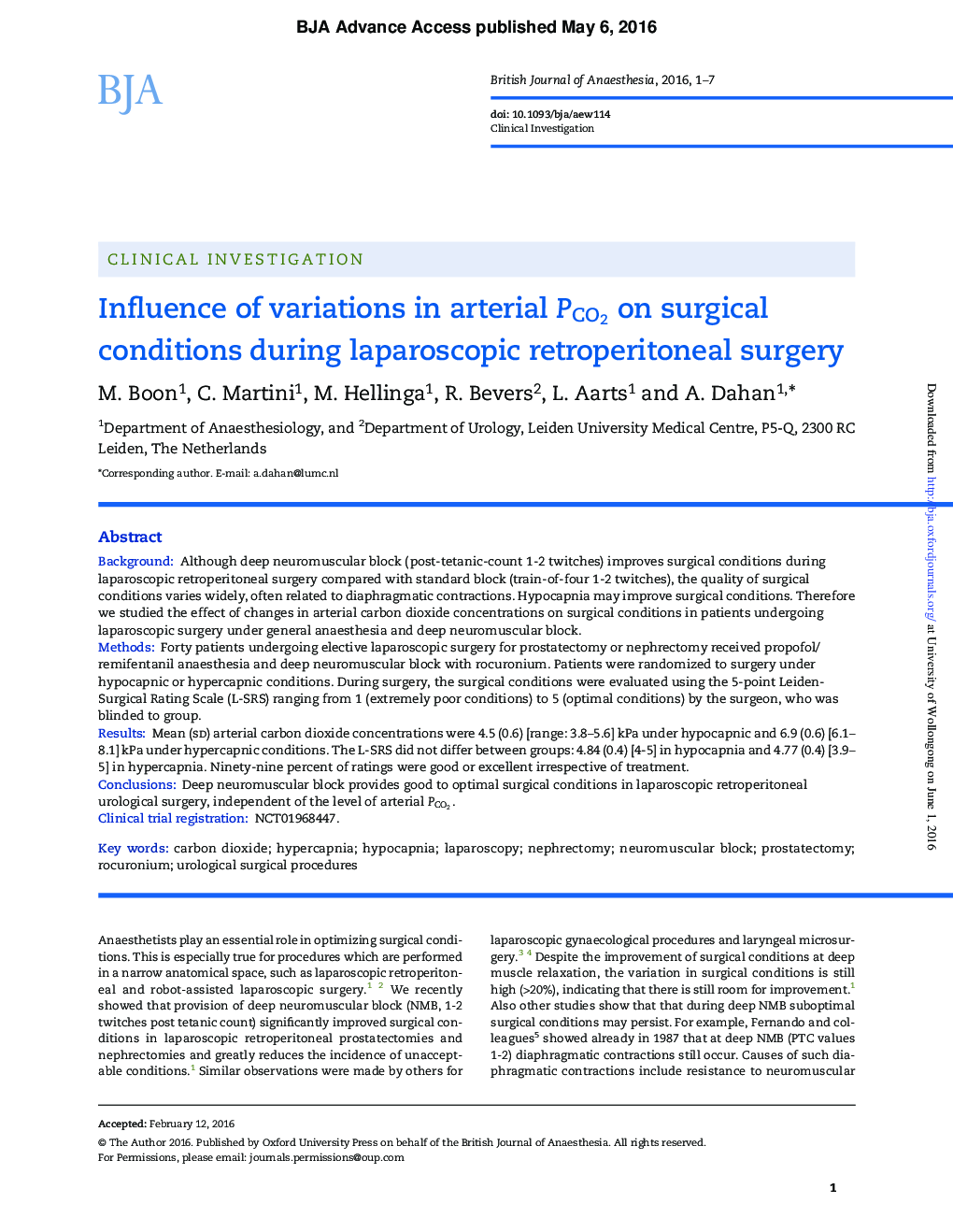 Influence of variations in arterial PCO2 on surgical conditions during laparoscopic retroperitoneal surgery