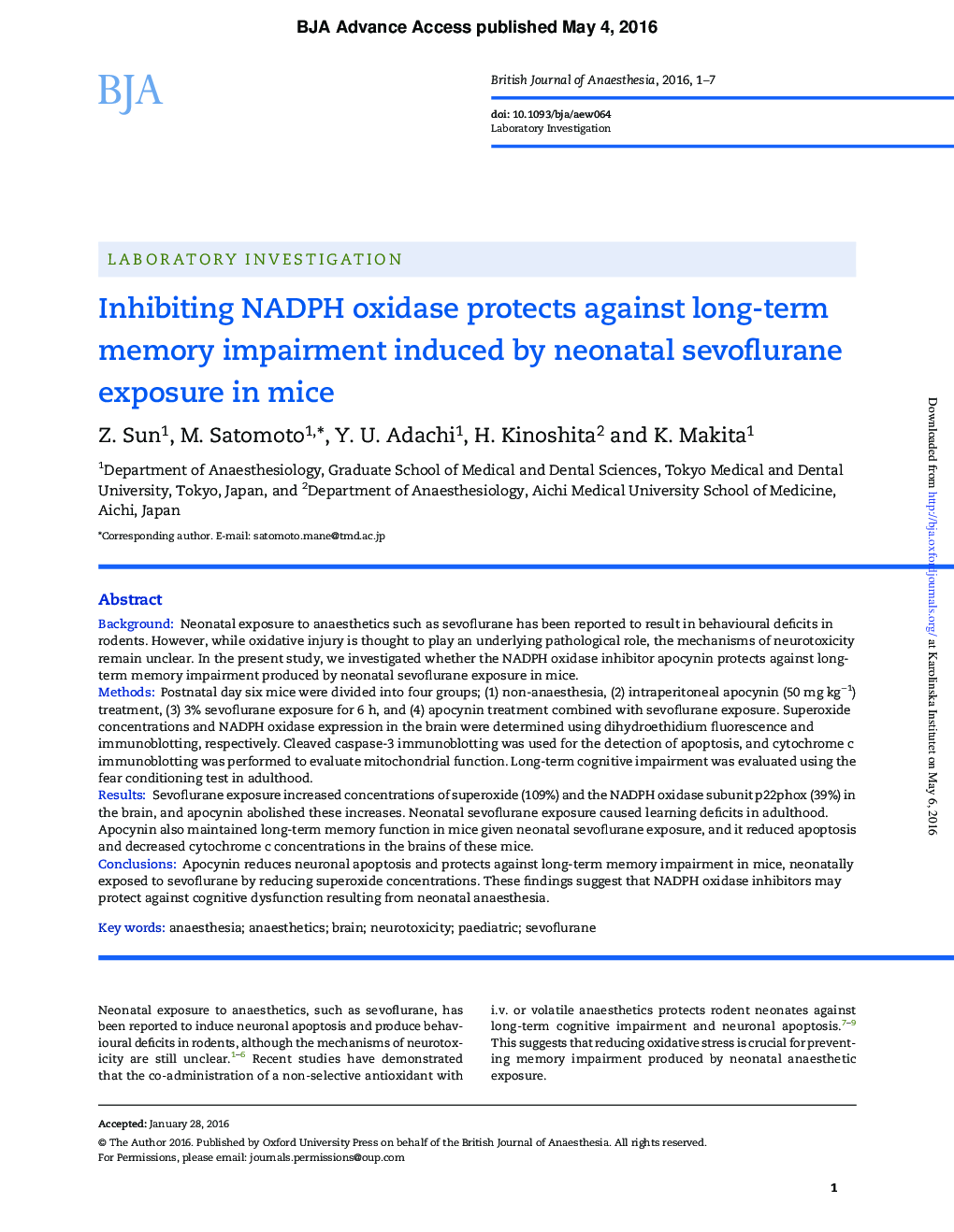 Inhibiting NADPH oxidase protects against long-term memory impairment induced by neonatal sevoflurane exposure in mice