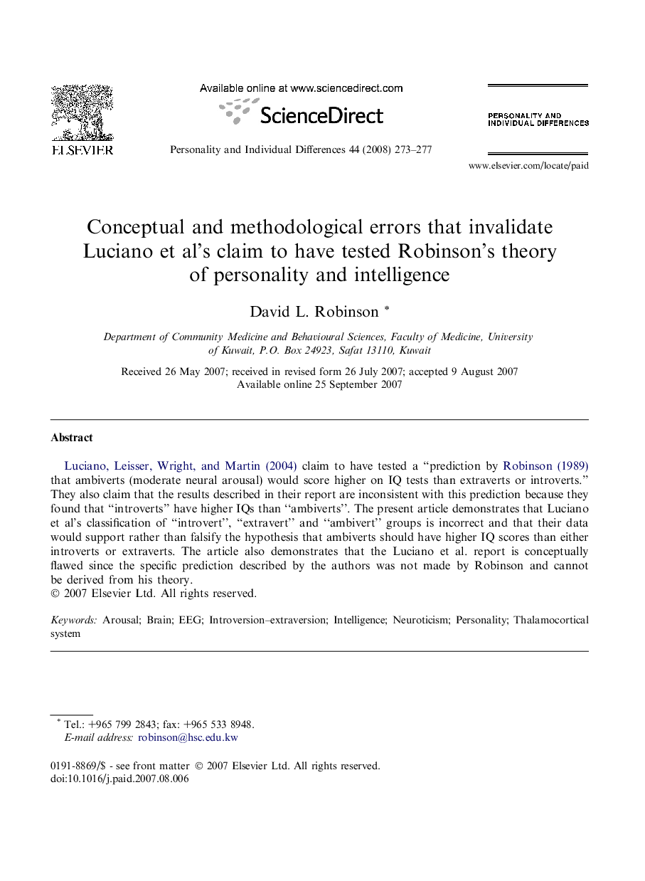 Conceptual and methodological errors that invalidate Luciano et al’s claim to have tested Robinson’s theory of personality and intelligence