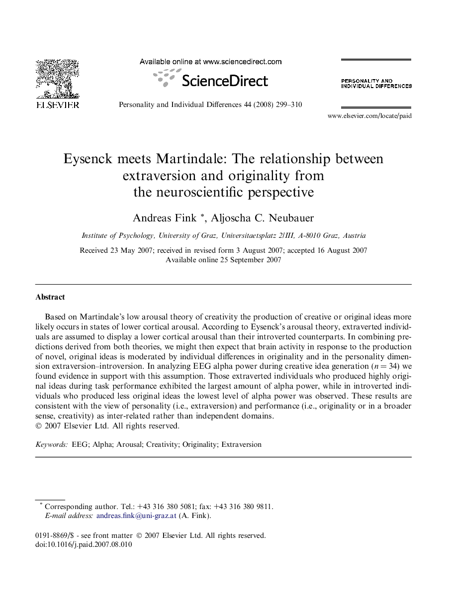 Eysenck meets Martindale: The relationship between extraversion and originality from the neuroscientific perspective