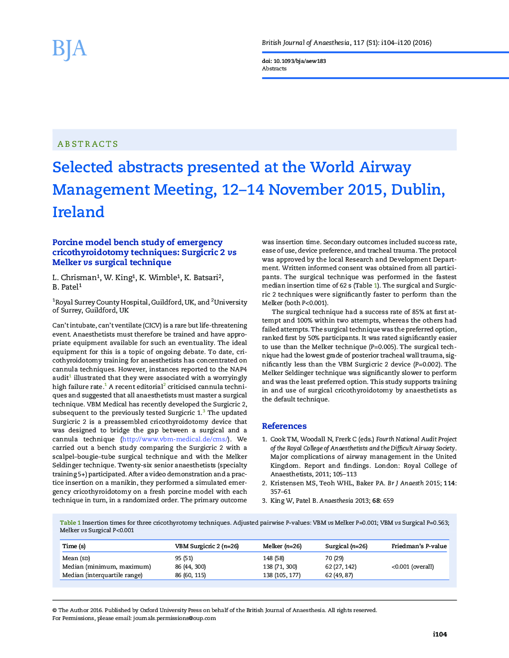 Selected abstracts presented at the World Airway Management Meeting, 12-14 November 2015, Dublin, Ireland