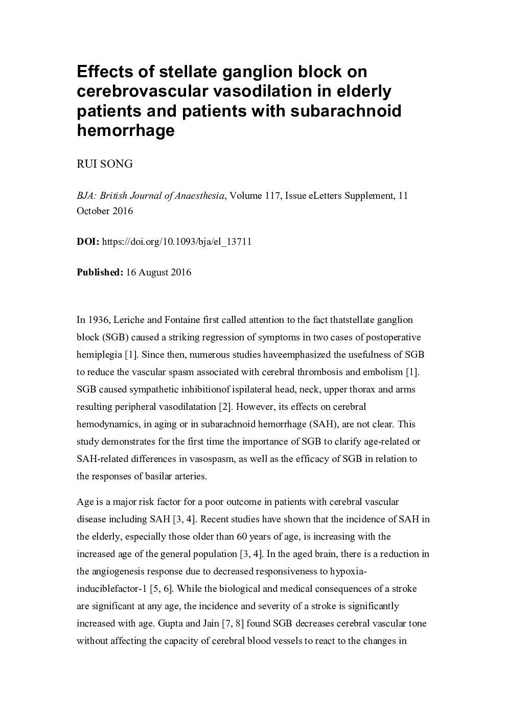 Effects of stellate ganglion block on cerebrovascular vasodilation in elderly patients and patients with subarachnoid hemorrhage