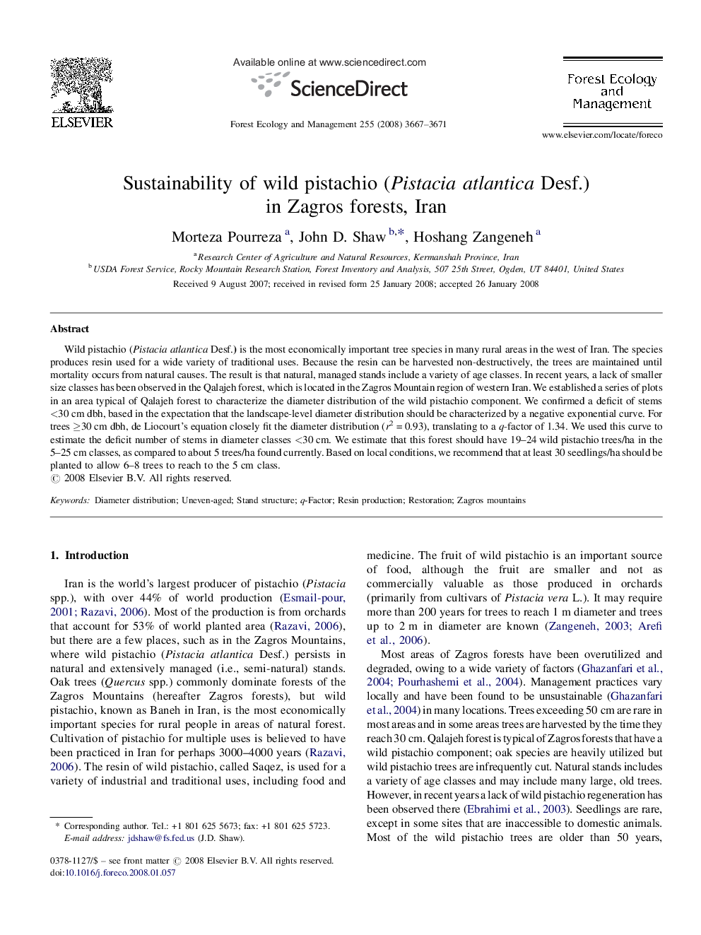 Sustainability of wild pistachio (Pistacia atlantica Desf.) in Zagros forests, Iran