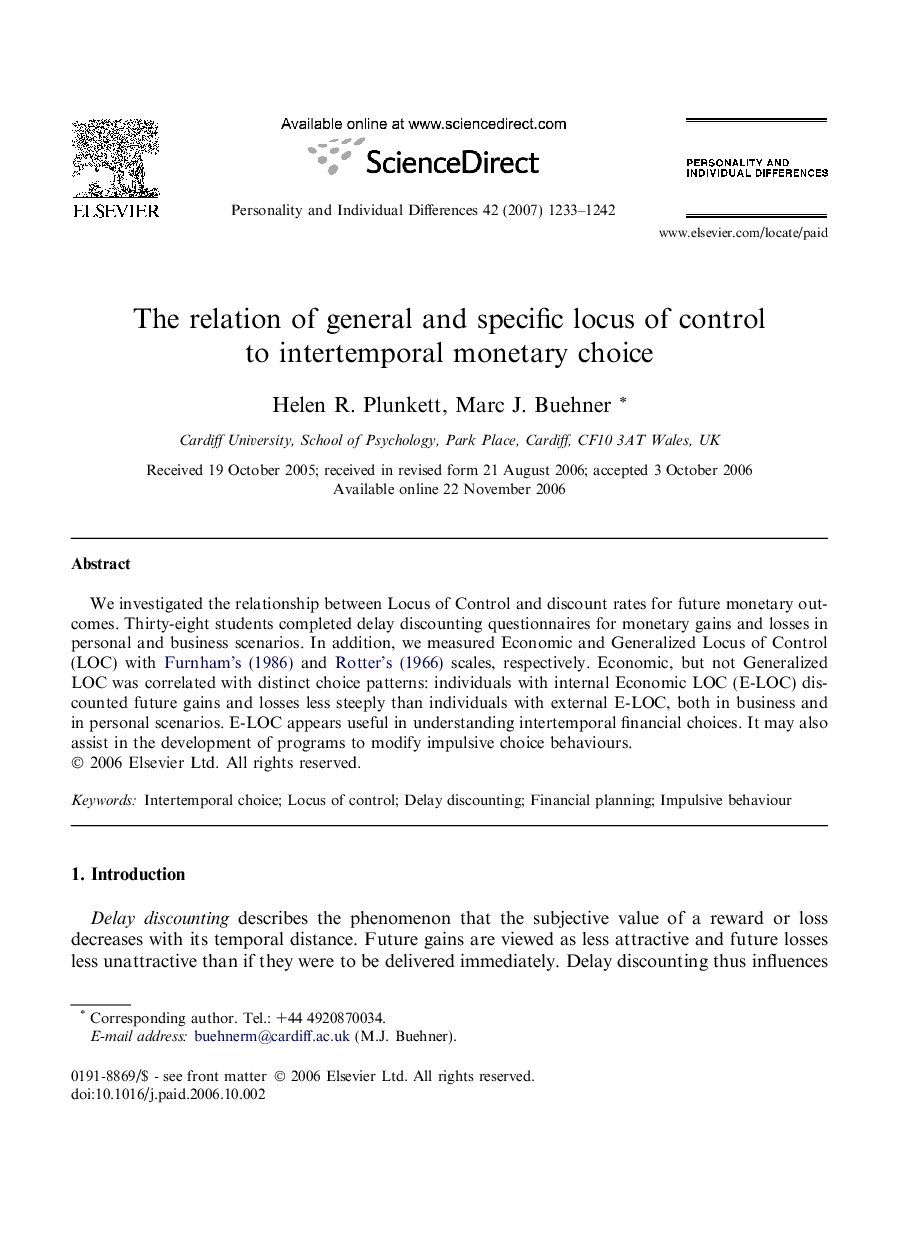 The relation of general and specific locus of control to intertemporal monetary choice