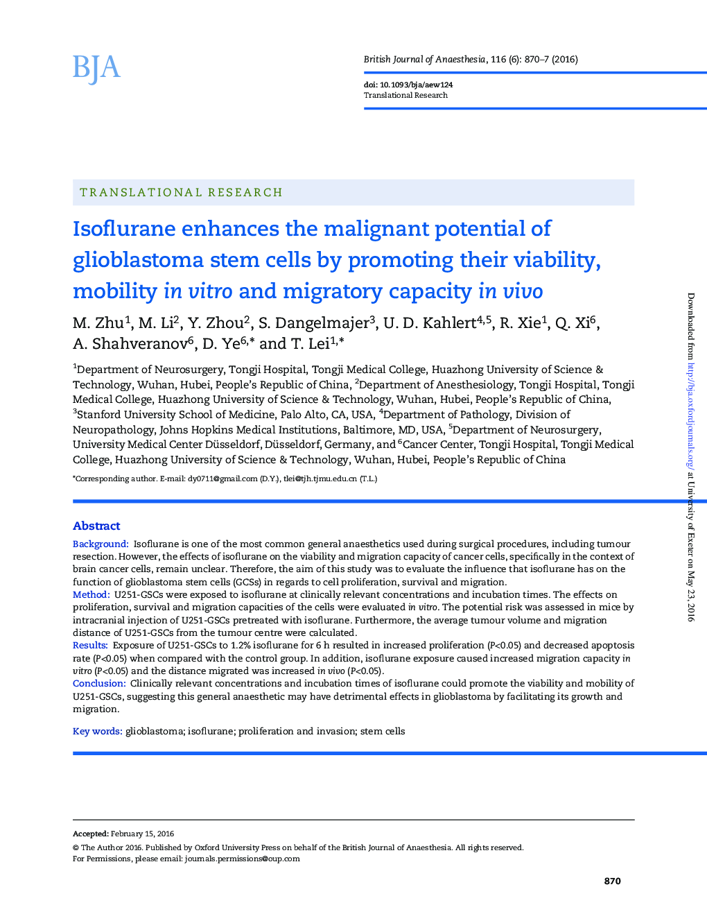 Isoflurane enhances the malignant potential of glioblastoma stem cells by promoting their viability, mobility in vitro and migratory capacity in vivo