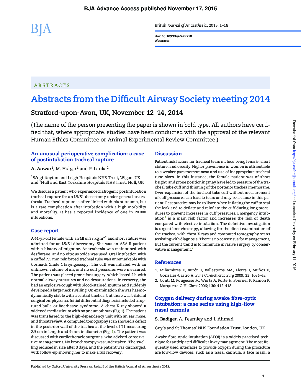 Abstracts from the Difficult Airway Society meeting 2014