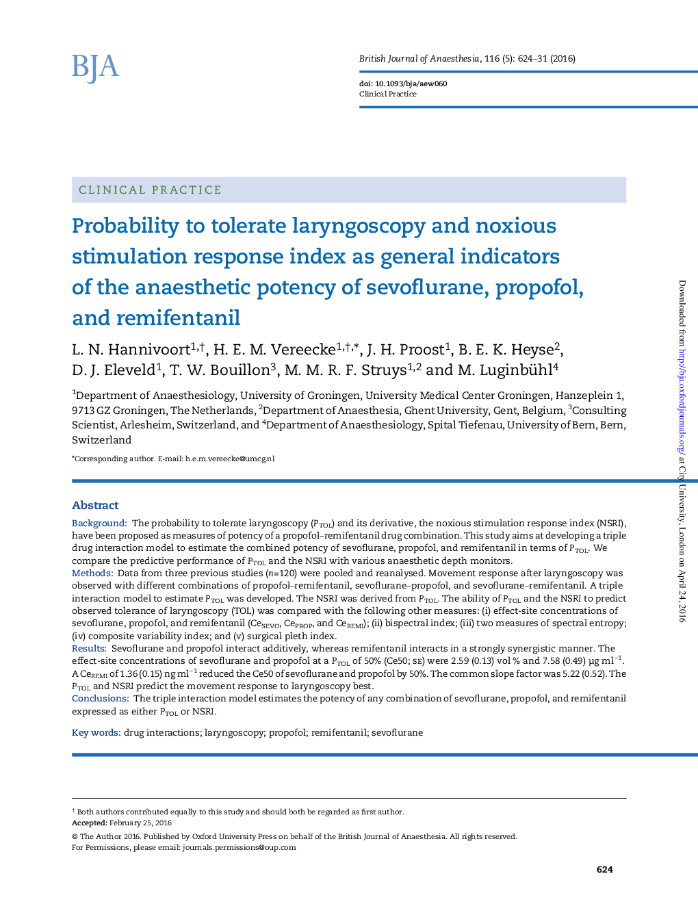 Probability to tolerate laryngoscopy and noxious stimulation response index as general indicators of the anaesthetic potency of sevoflurane, propofol, and remifentanil