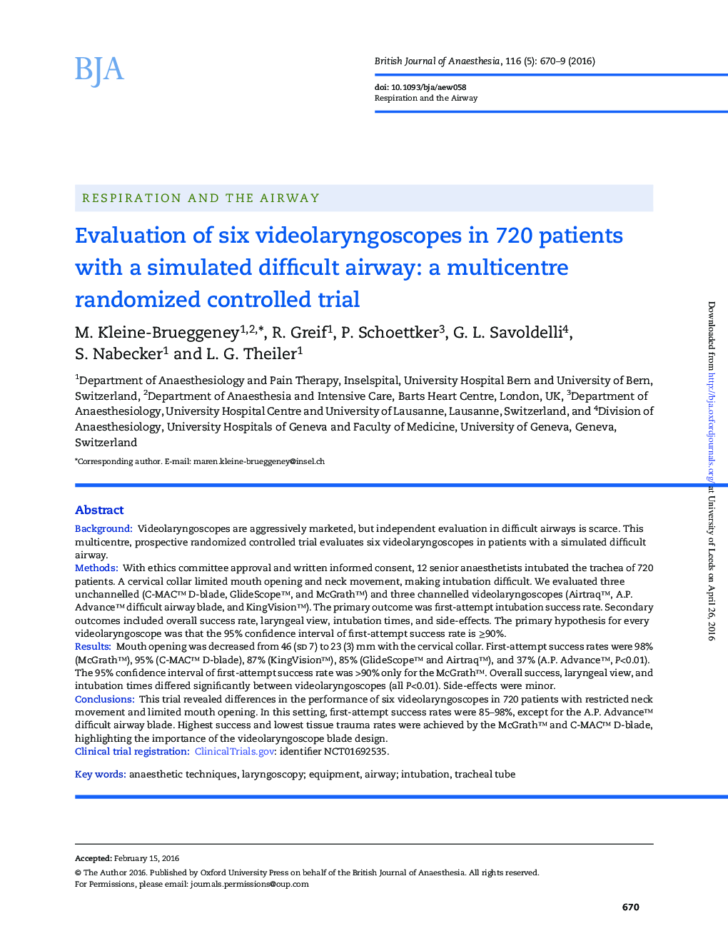 Evaluation of six videolaryngoscopes in 720 patients with a simulated difficult airway: a multicentre randomized controlled trial