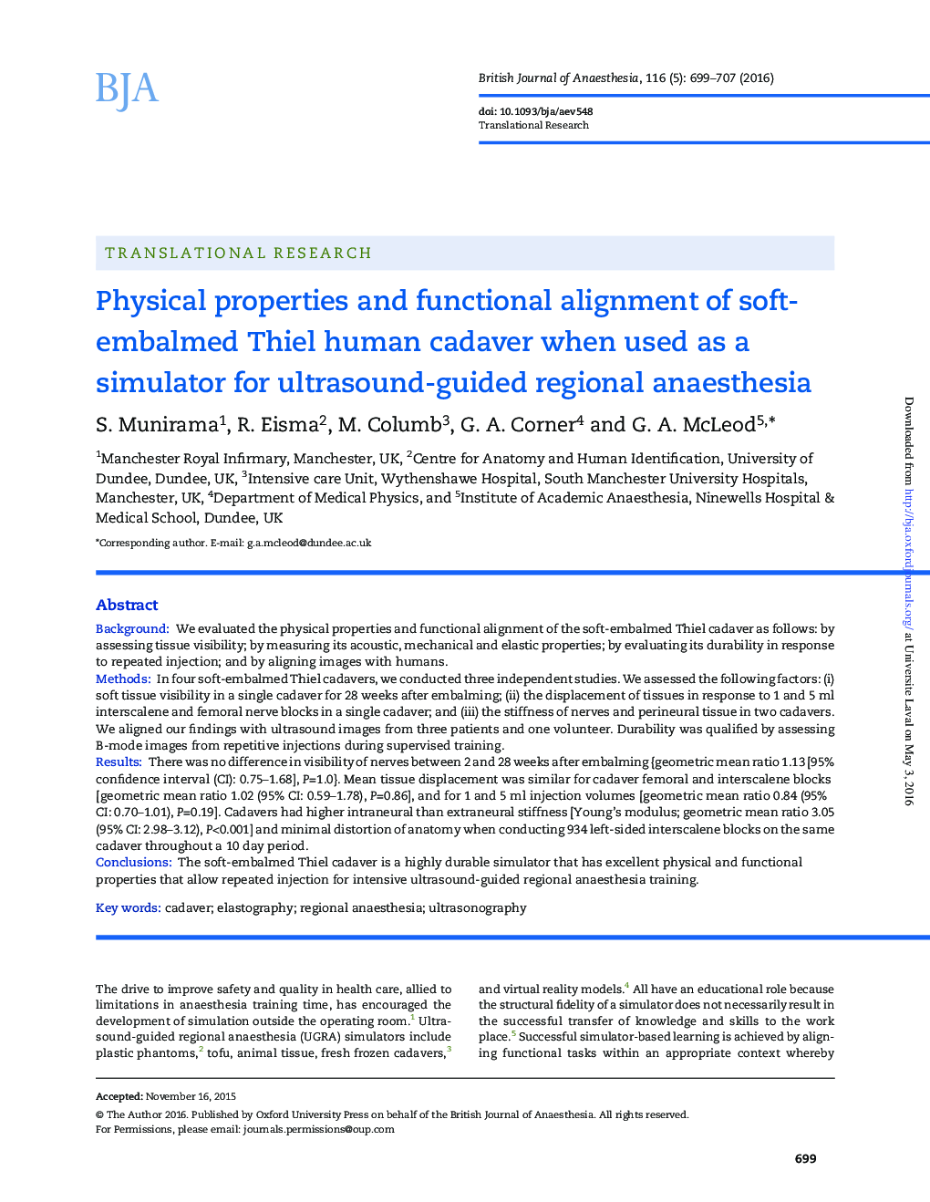 Physical properties and functional alignment of soft-embalmed Thiel human cadaver when used as a simulator for ultrasound-guided regional anaesthesia