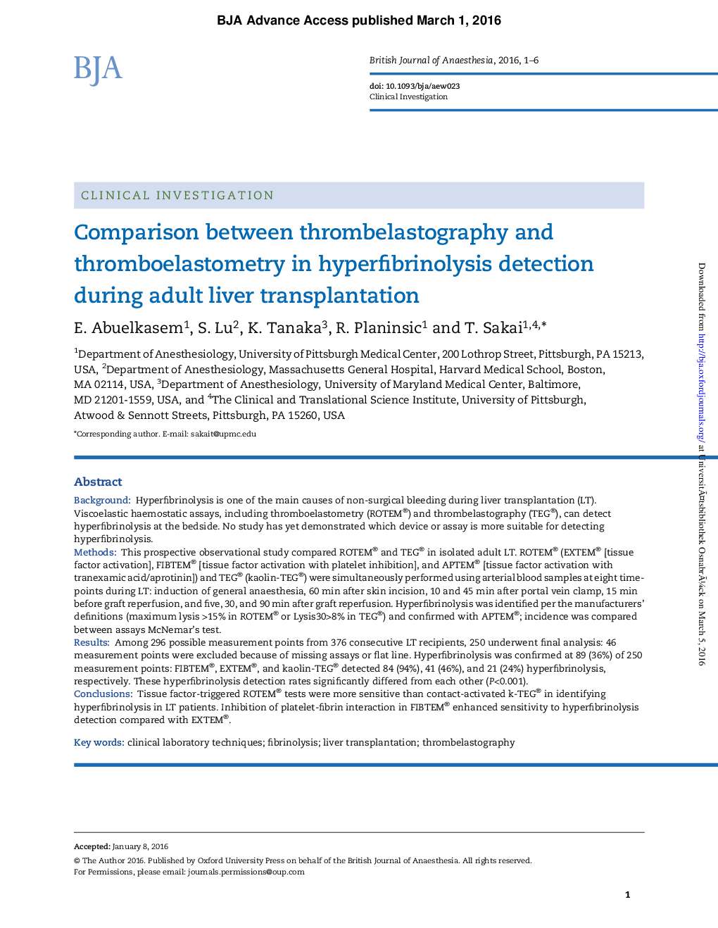 مقایسه ترومبوللاستوگرافی و ترومبوالالستومتری در تشخیص هیپر فیبرینولیز در طول پیوند کبد بالغ 