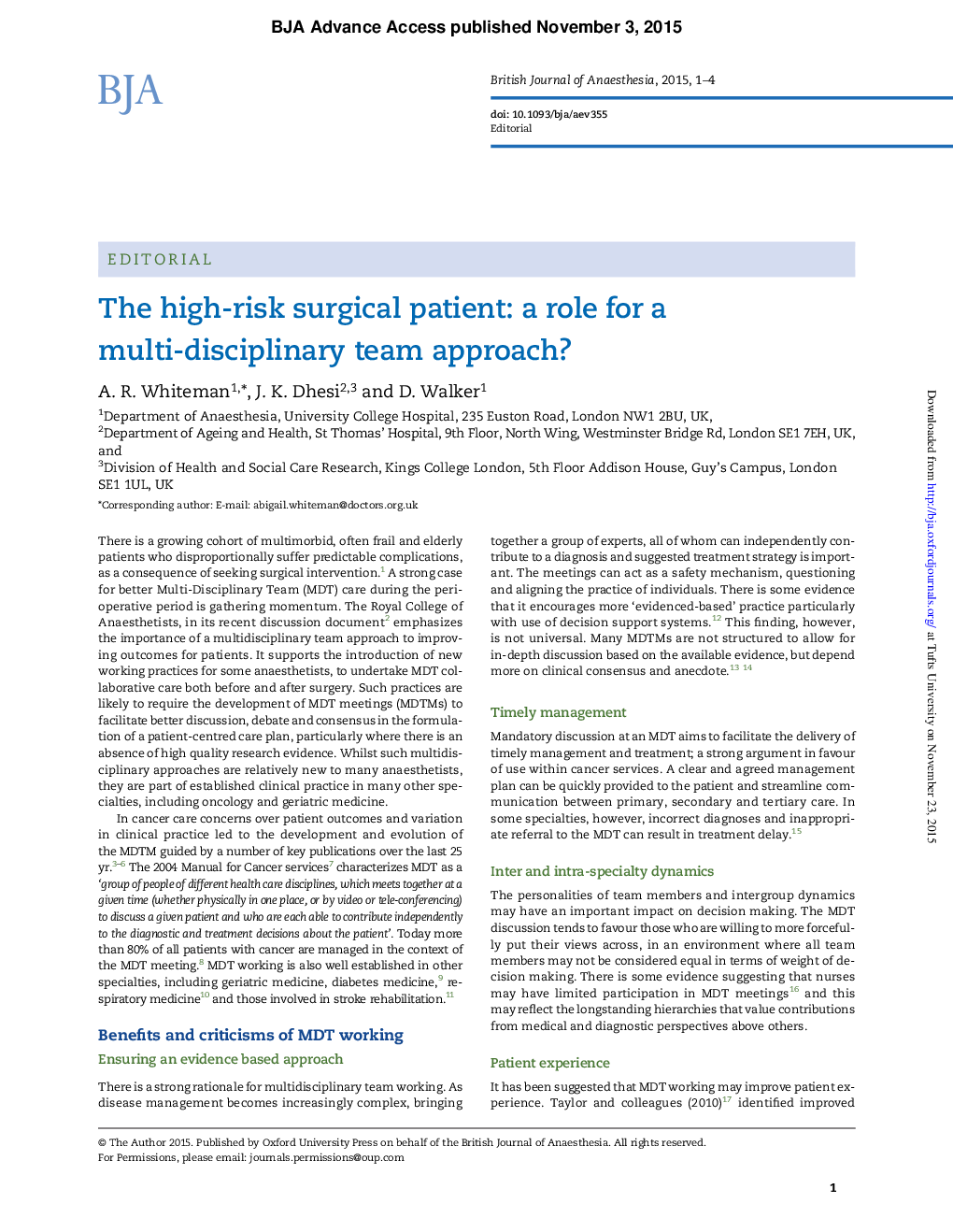 The high-risk surgical patient: a role for a multi-disciplinary team approach?