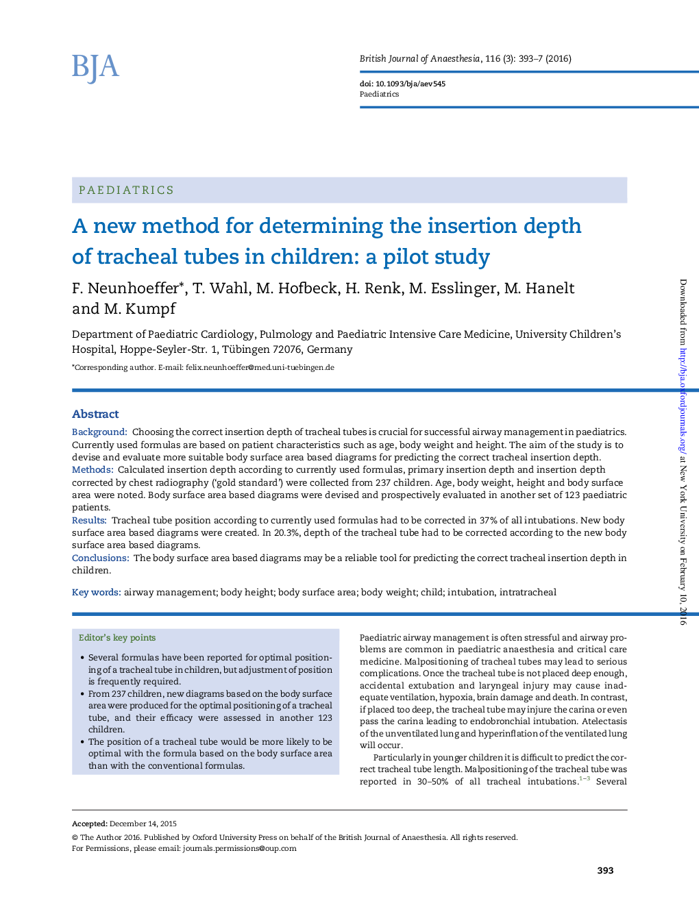 A new method for determining the insertion depth of tracheal tubes in children: a pilot study