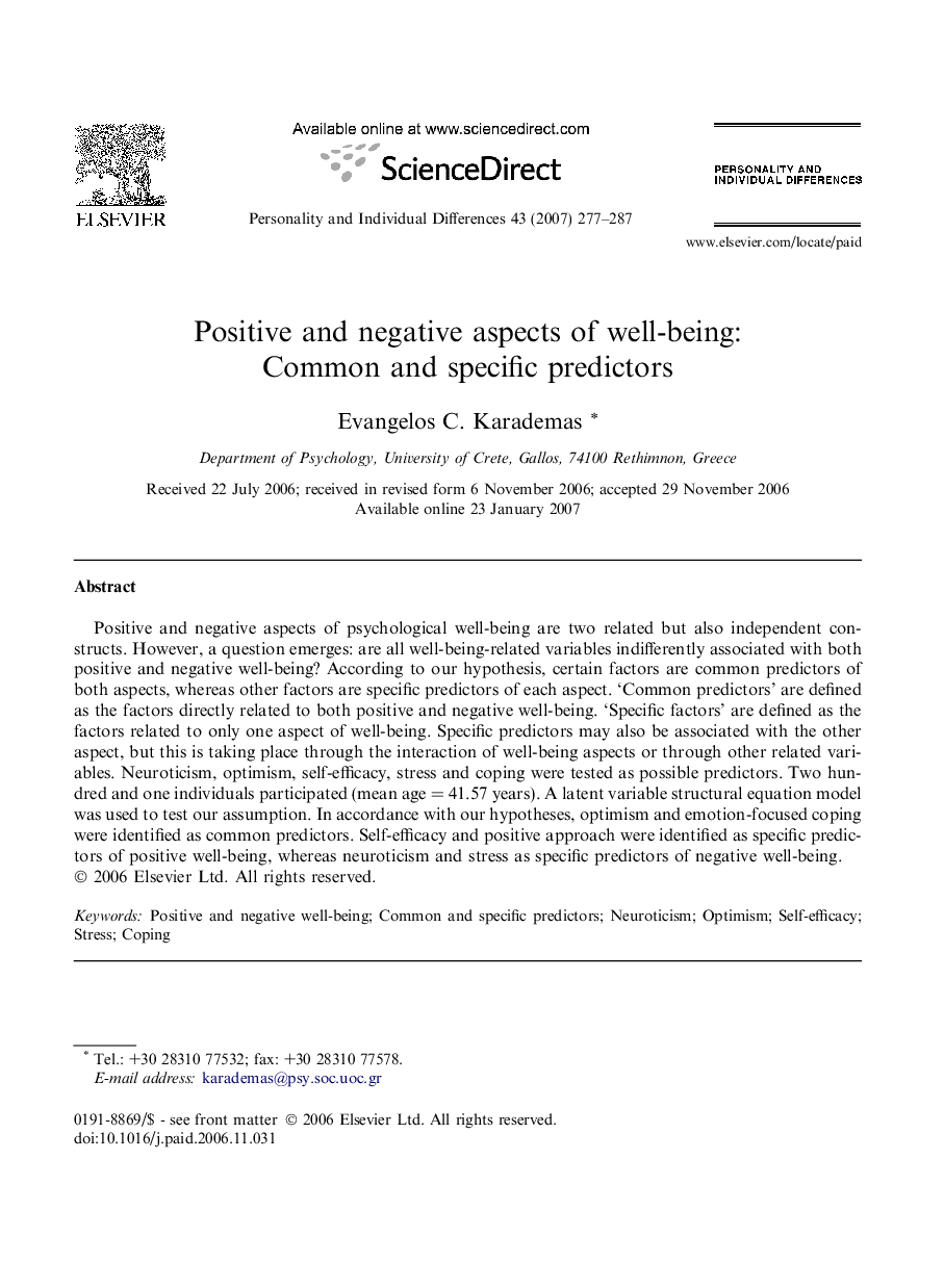 Positive and negative aspects of well-being: Common and specific predictors