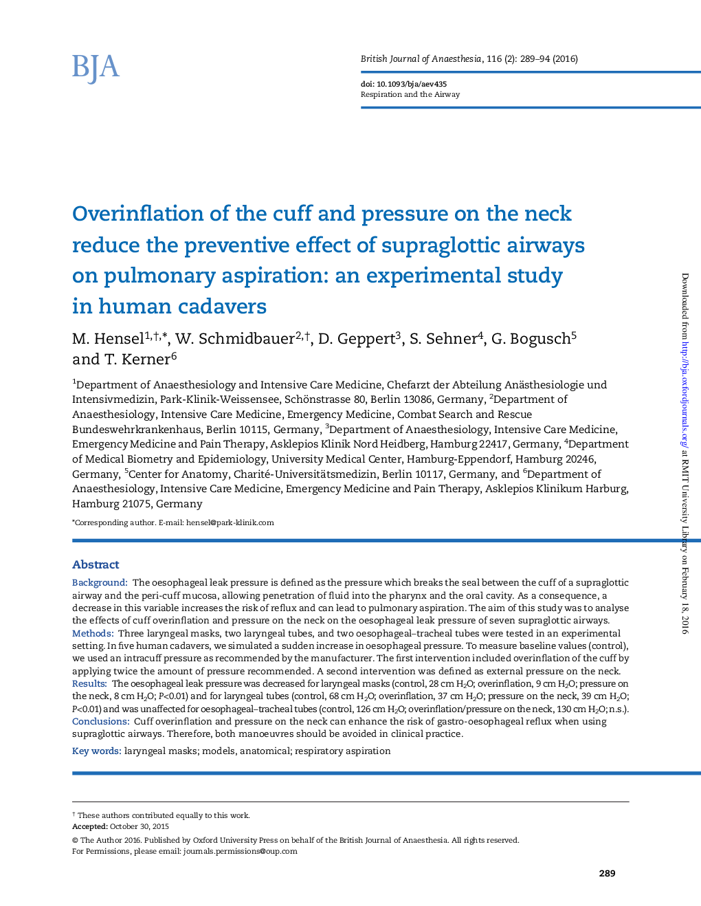 Overinflation of the cuff and pressure on the neck reduce the preventive effect of supraglottic airways on pulmonary aspiration: an experimental study in human cadavers