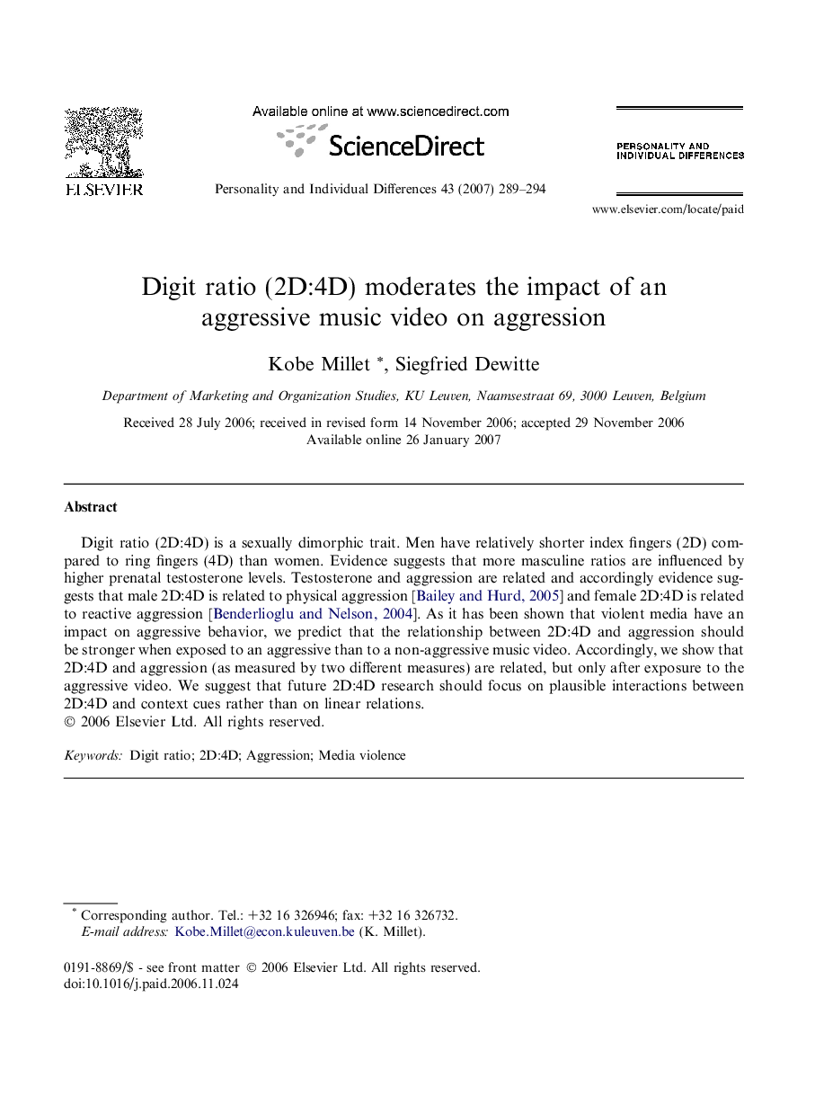 Digit ratio (2D:4D) moderates the impact of an aggressive music video on aggression