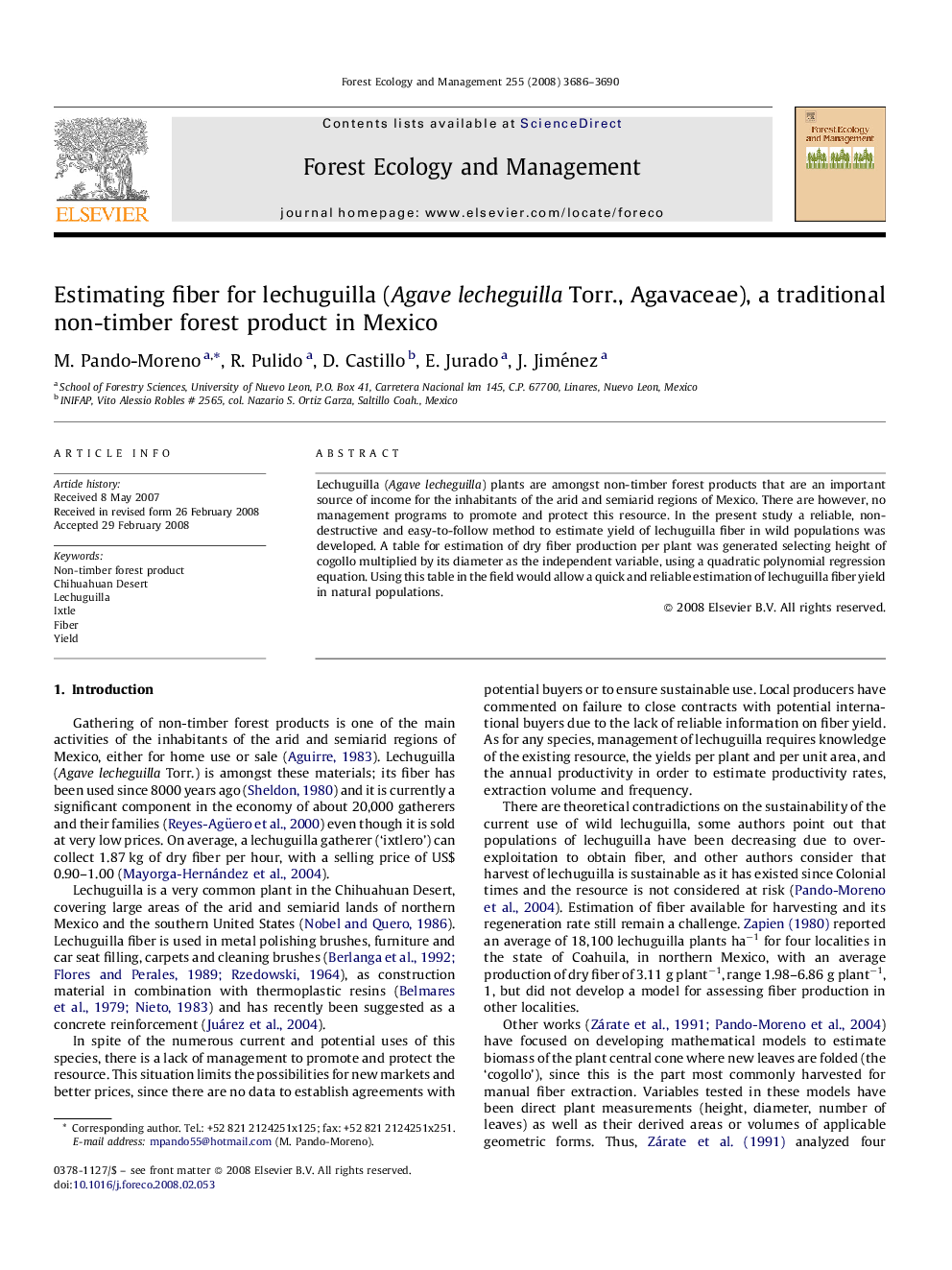 Estimating fiber for lechuguilla (Agave lecheguilla Torr., Agavaceae), a traditional non-timber forest product in Mexico