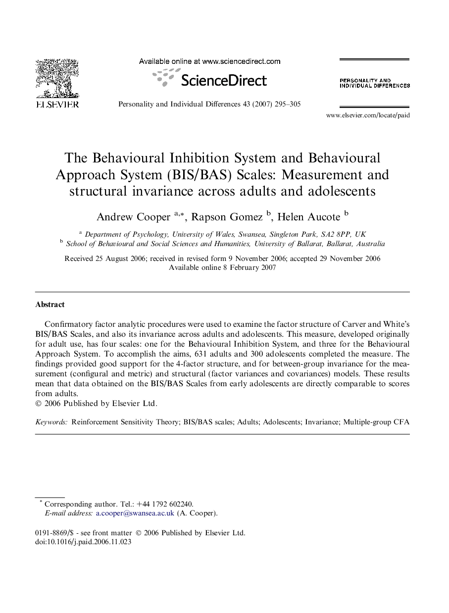 The Behavioural Inhibition System and Behavioural Approach System (BIS/BAS) Scales: Measurement and structural invariance across adults and adolescents