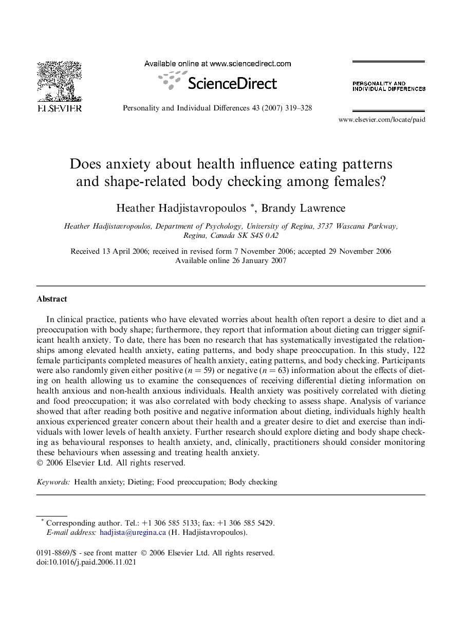 Does anxiety about health influence eating patterns and shape-related body checking among females?