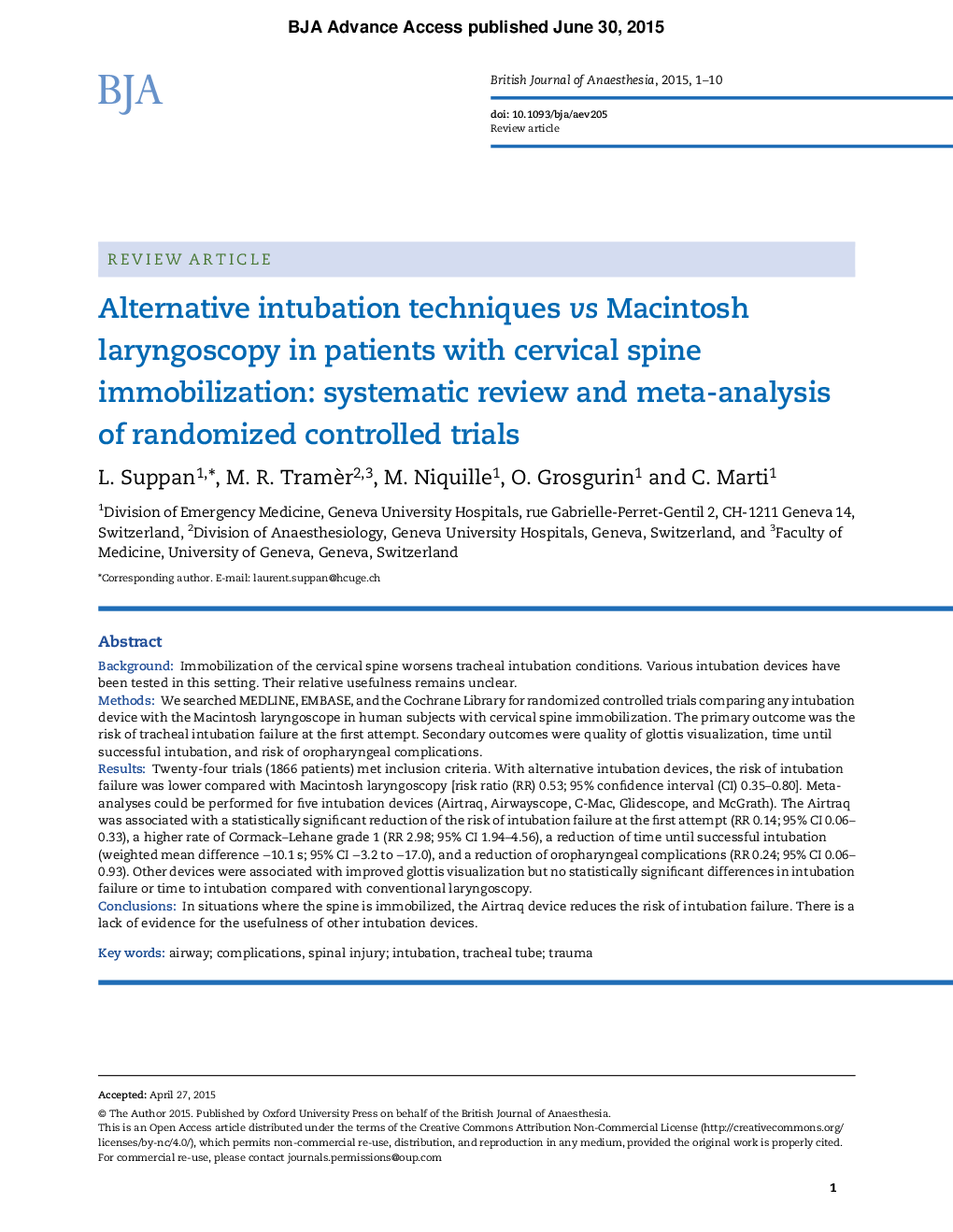 Alternative intubation techniques vs Macintosh laryngoscopy in patients with cervical spine immobilization: systematic review and meta-analysis of randomized controlled trials
