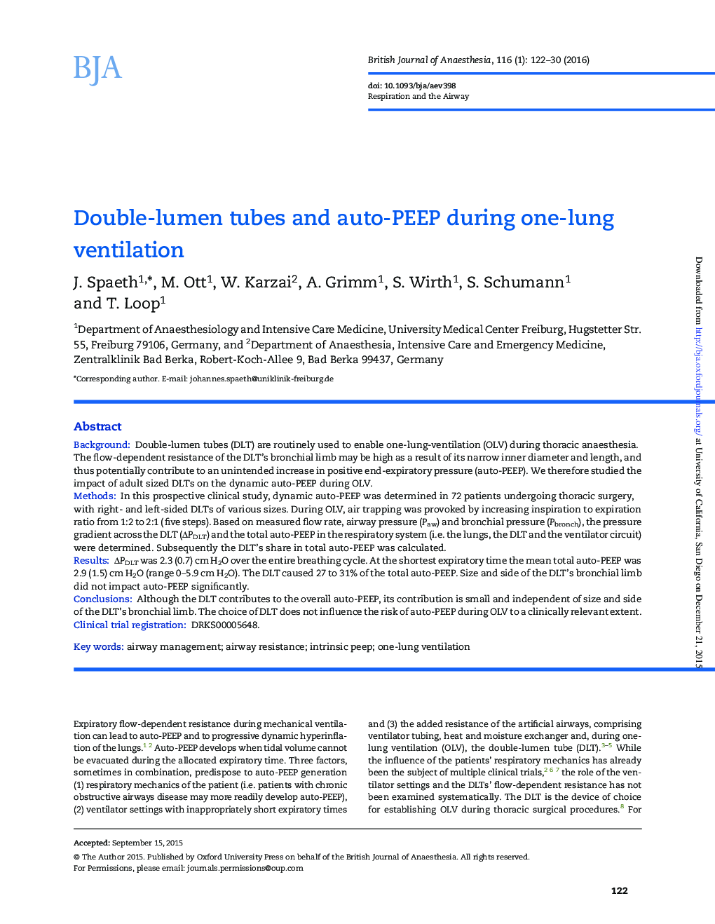 Double-lumen tubes and auto-PEEP during one-lung ventilation