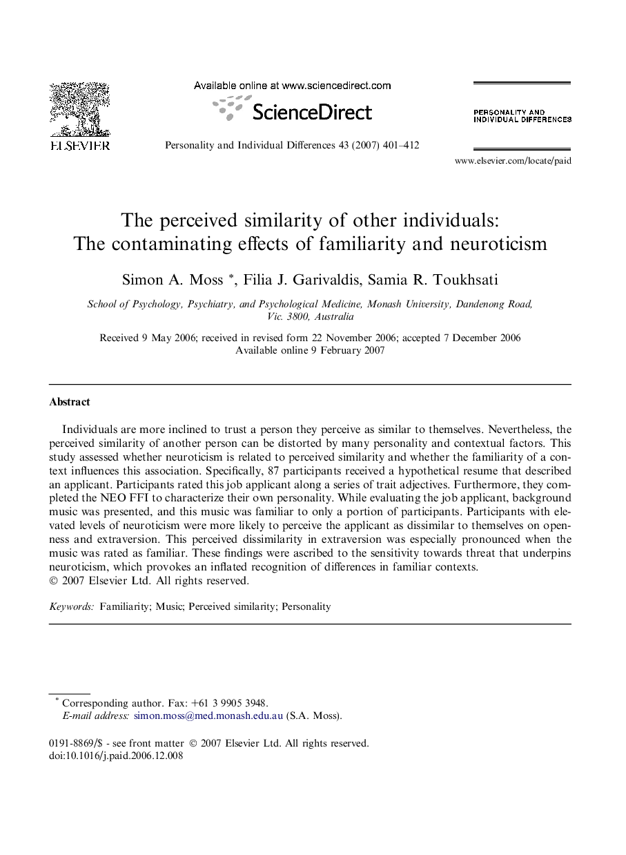 The perceived similarity of other individuals: The contaminating effects of familiarity and neuroticism