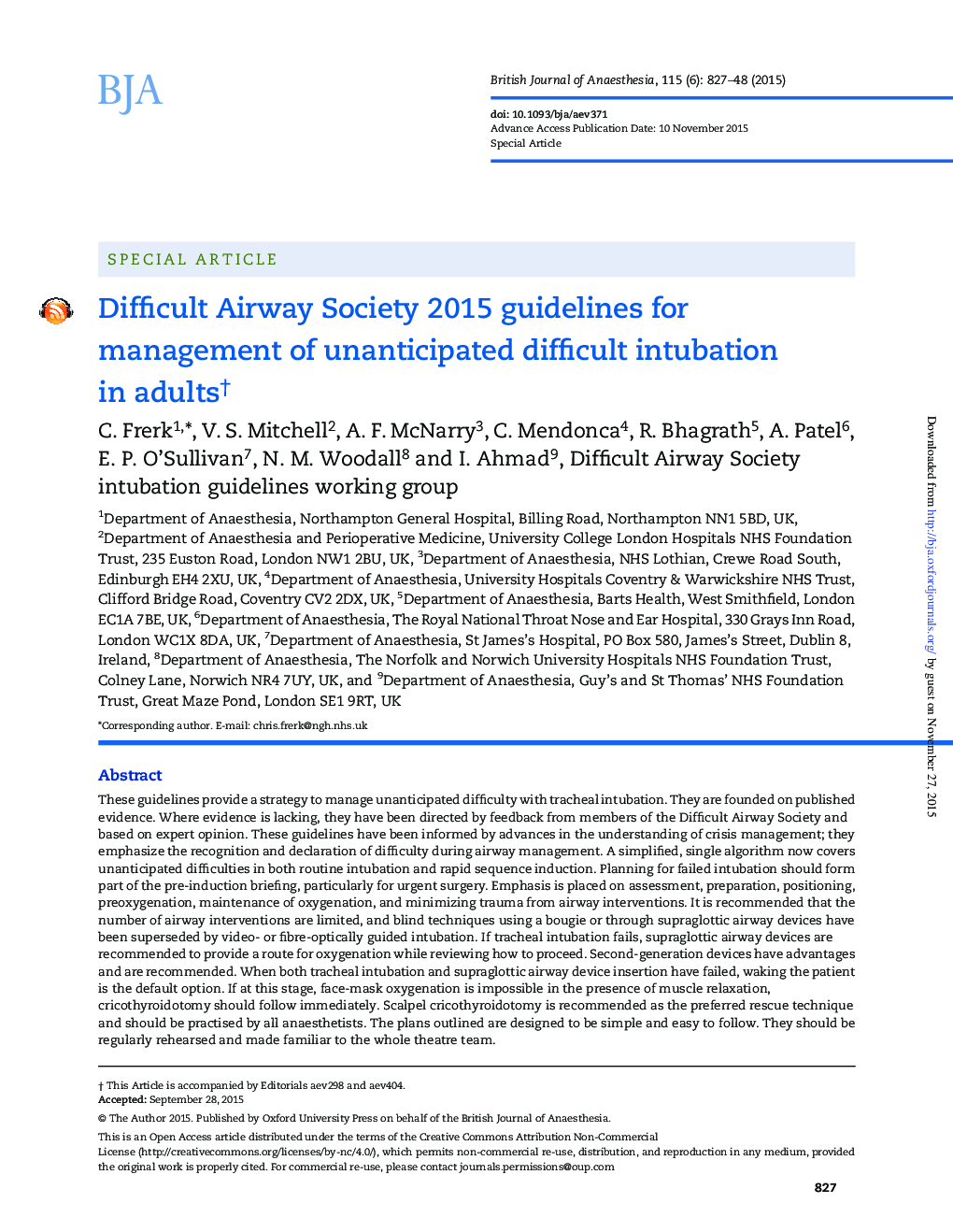 Difficult Airway Society 2015 guidelines for management of unanticipated difficult intubation in adultsâ 