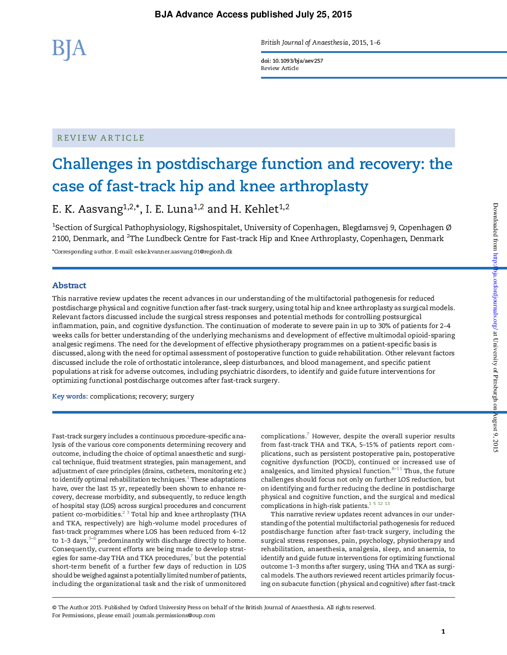 Challenges in postdischarge function and recovery: the case of fast-track hip and knee arthroplasty