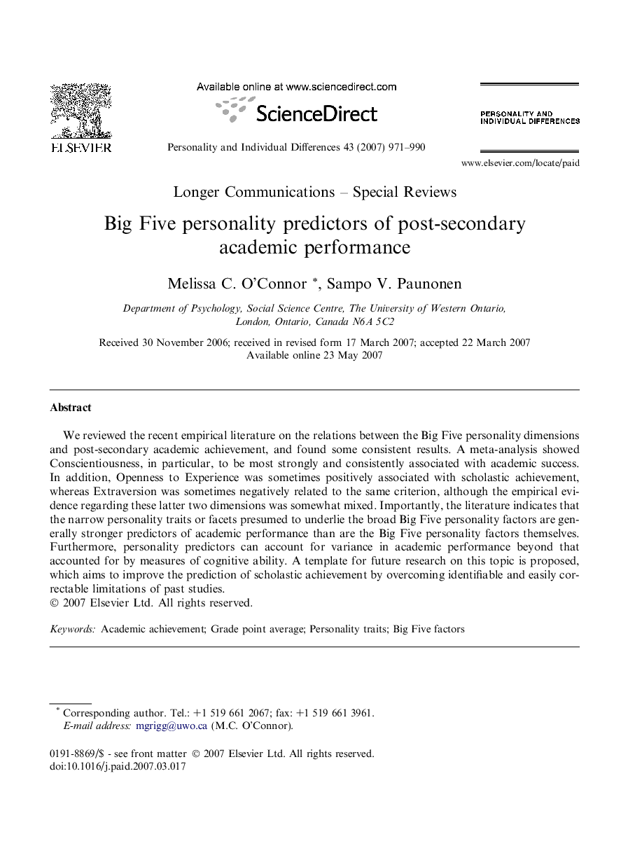 Big Five personality predictors of post-secondary academic performance