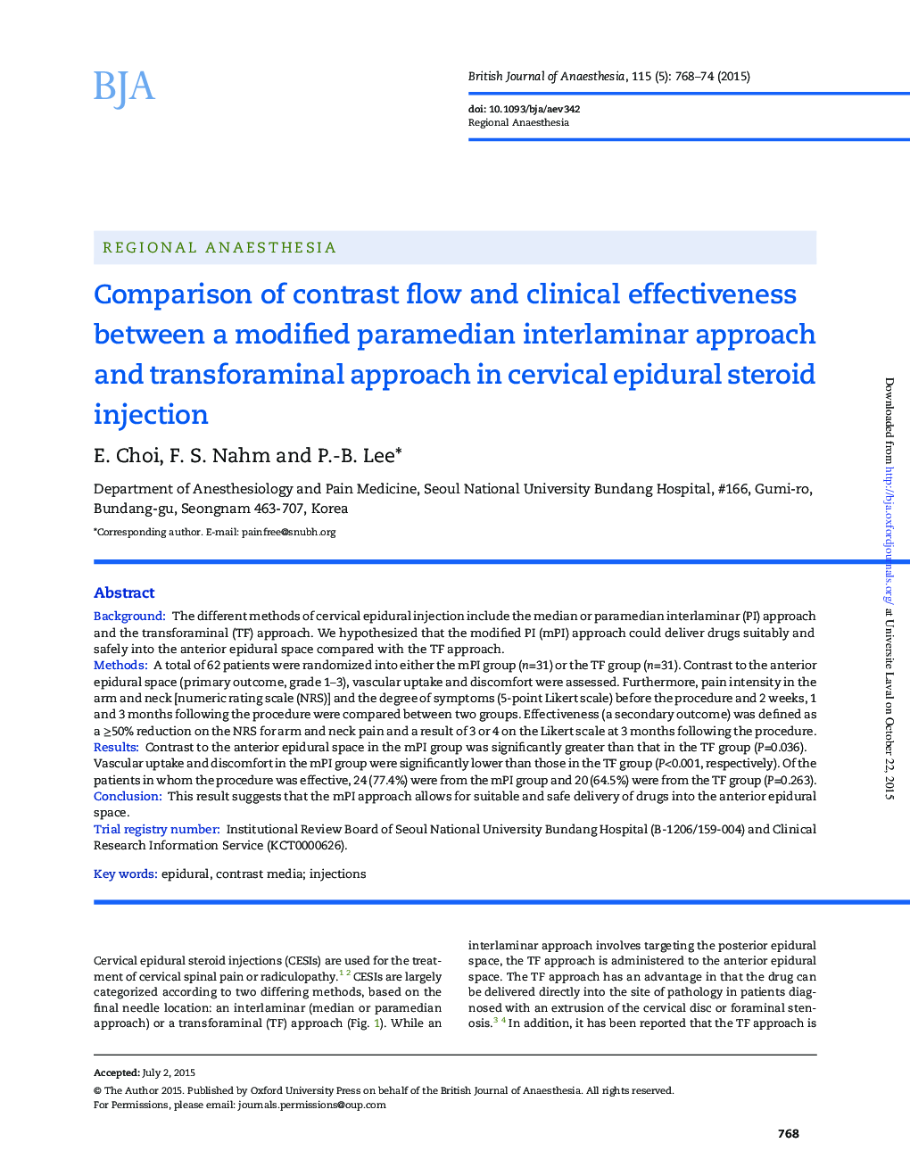 Comparison of contrast flow and clinical effectiveness between a modified paramedian interlaminar approach and transforaminal approach in cervical epidural steroid injection