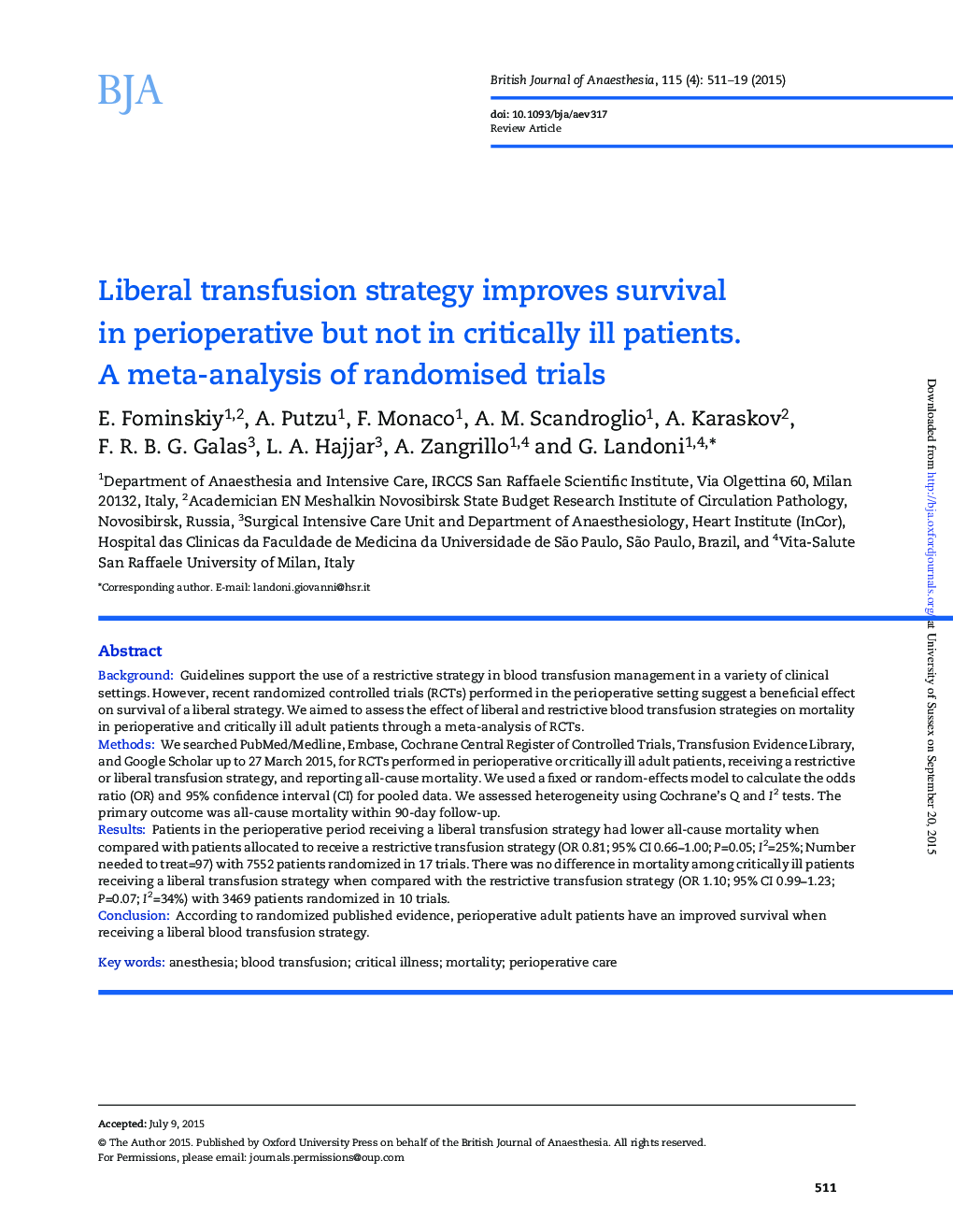 Liberal transfusion strategy improves survival in perioperative but not in critically ill patients. A meta-analysis of randomised trials