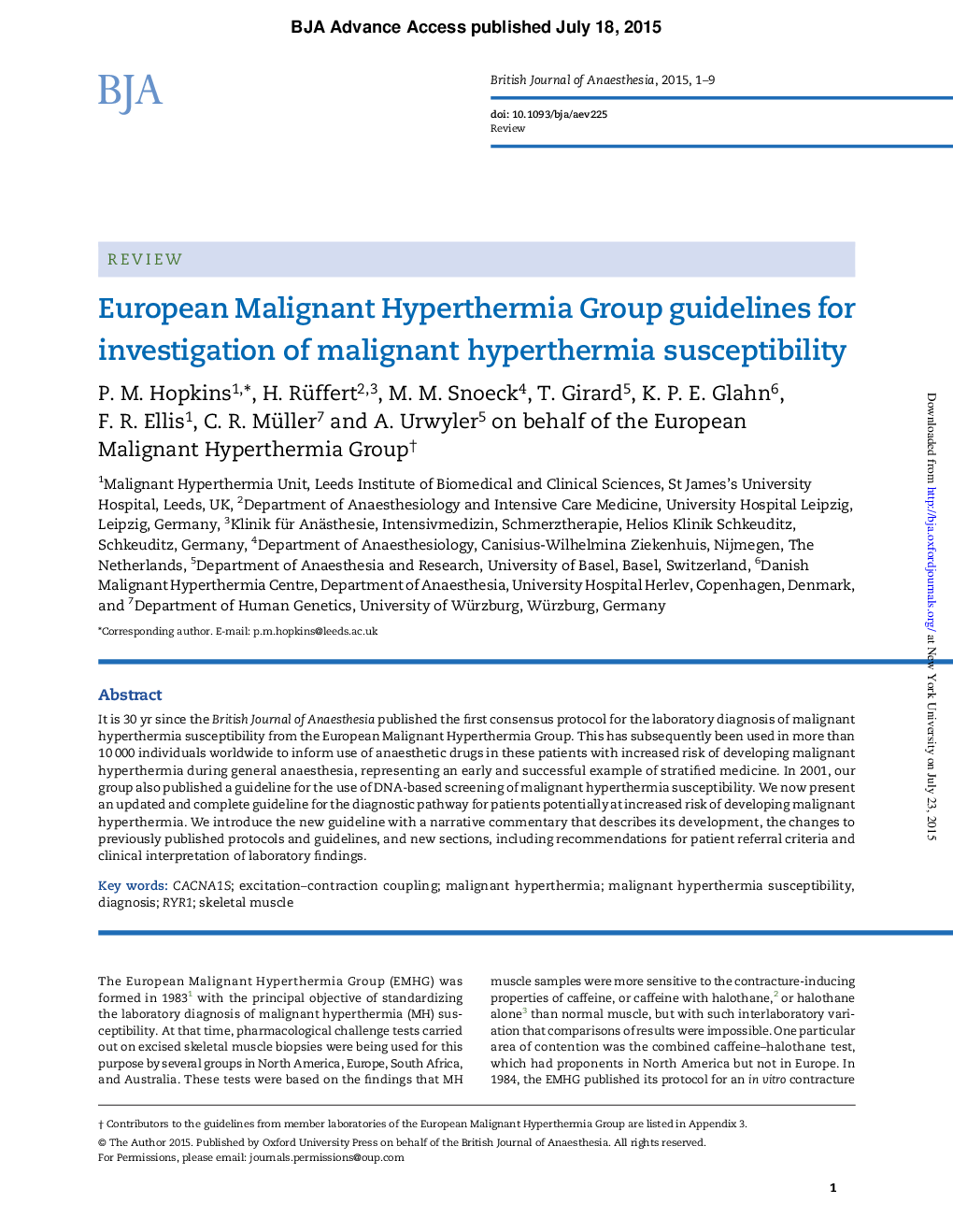 European Malignant Hyperthermia Group guidelines for investigation of malignant hyperthermia susceptibility